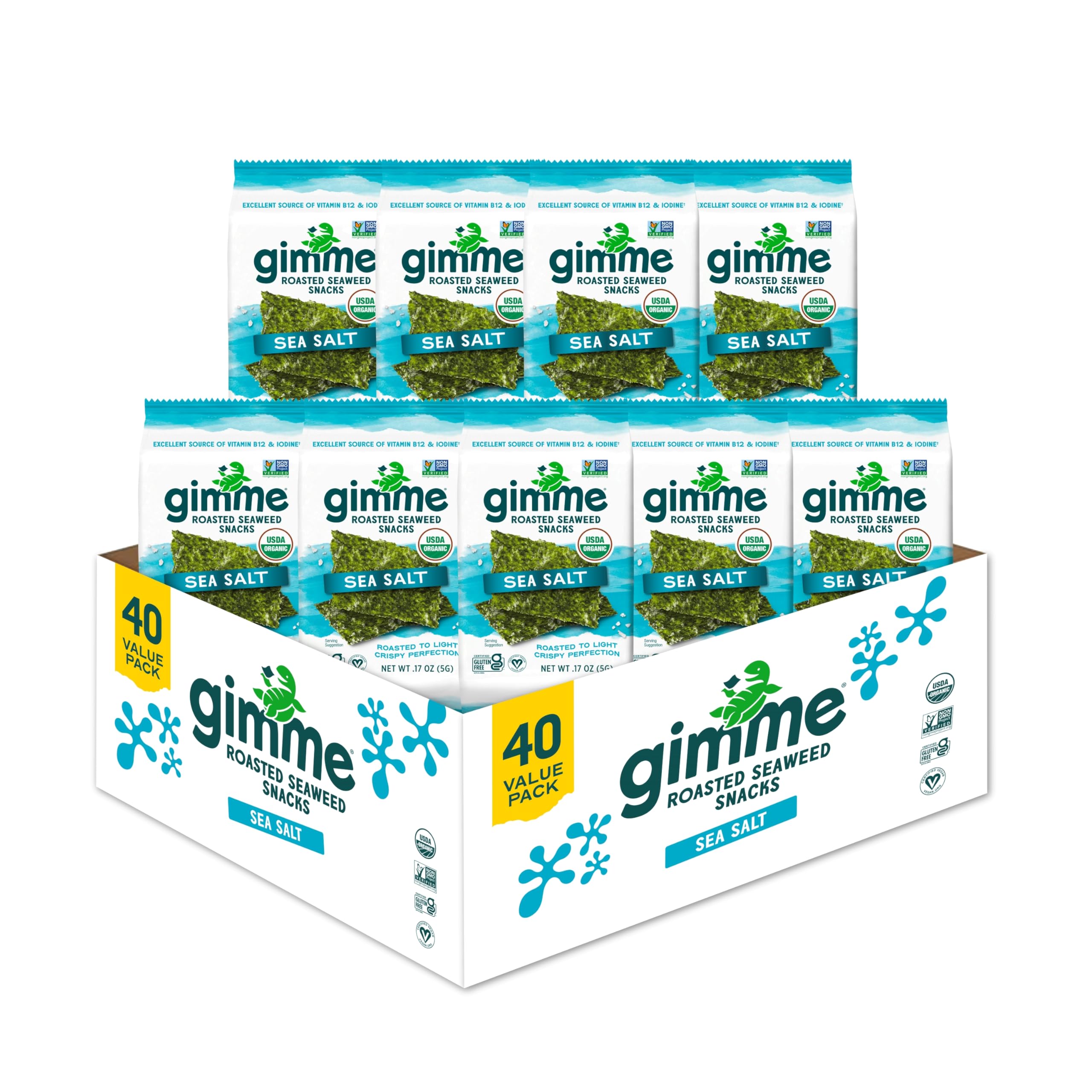Gimme Seaweed Organic Premium Roasted Seaweed Snacks, Sea Salt, 20 Count, Keto, Vegan, Gluten-Free, Great Source of Omega3s and Iodine, Healthy On-The-Go Snack for Kids and Adults