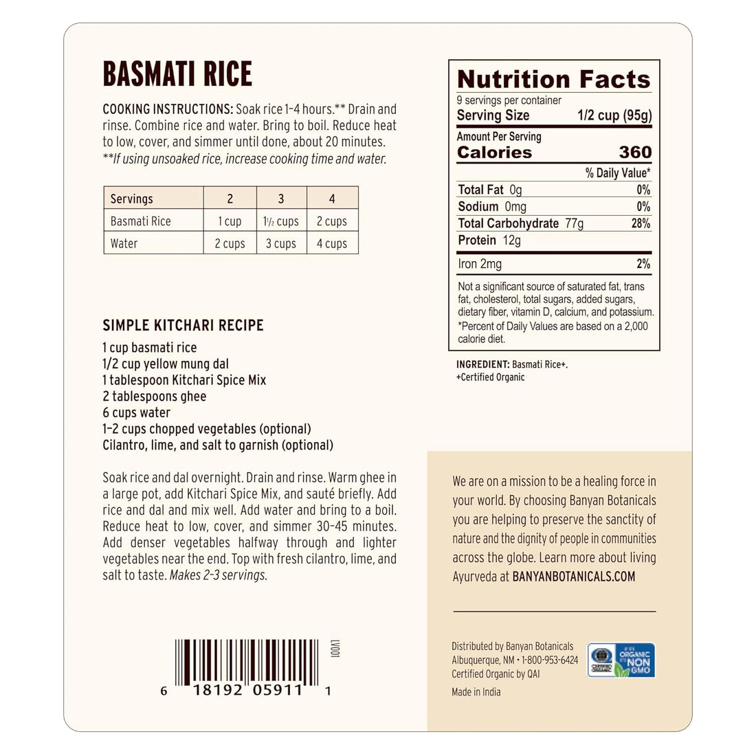 Banyan Botanicals White Basmati Rice – Organic & Pure Basmati Rice for Cooking Healthy Meals and Making Kitchari – With Resealable Zipper Bag – 2 lbs – Non-GMO Sustainably Sourced Vegan