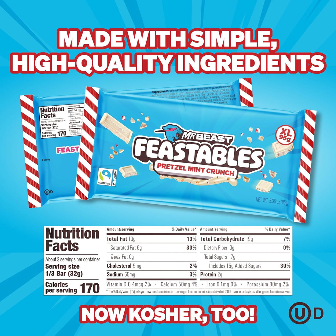 Feastables MrBeast Pretzel Mint Fudge Crunch Bar, Extra Large Size Candy Bar for Adults & Kids, Candy Bars for Snacks, Gifts, or Dessert, Made With Fairtrade Cocoa, 3.35 Oz Each, 12 Count