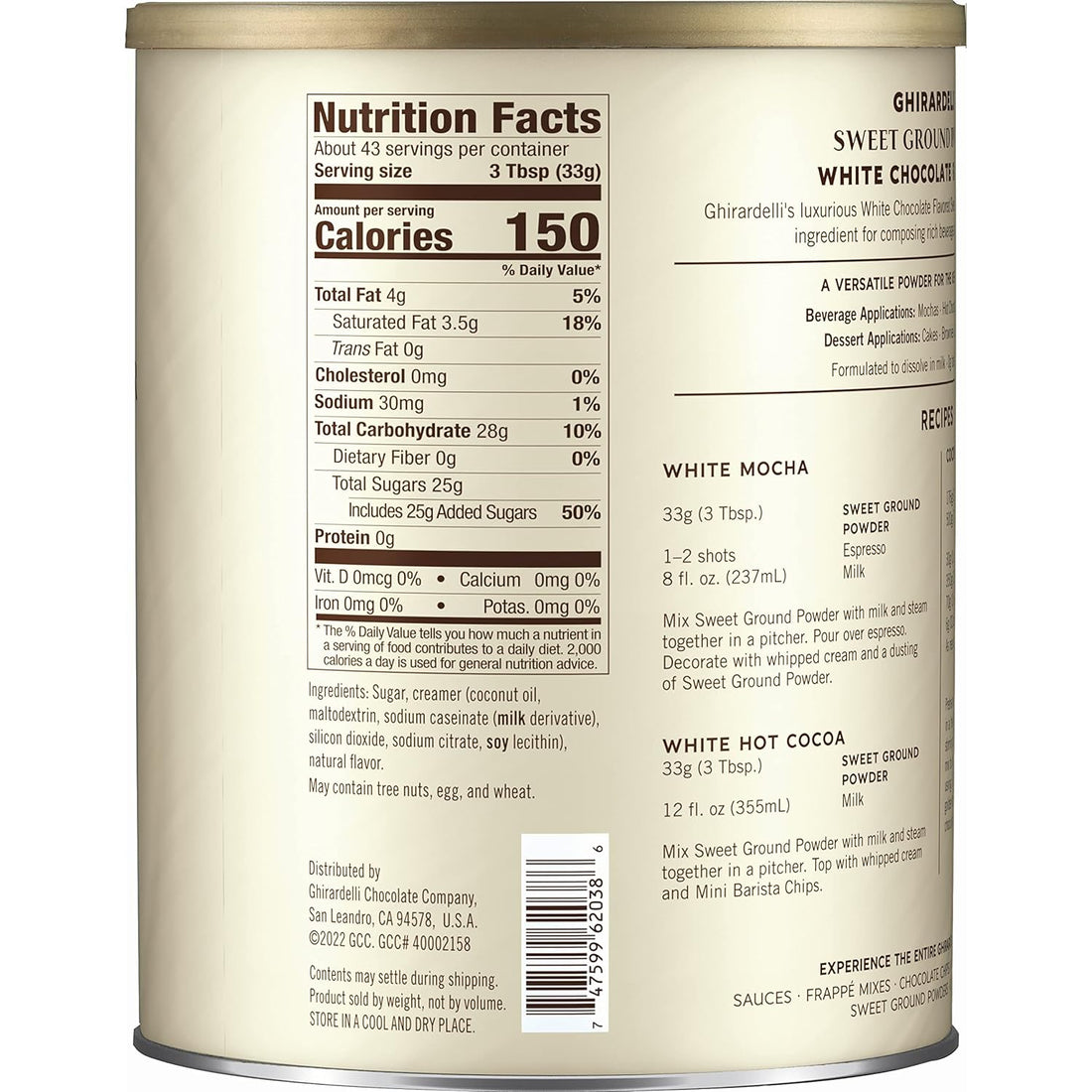 Ghirardelli Sweet Ground White Chocolate Flavor Powder, 3.12 lbs.