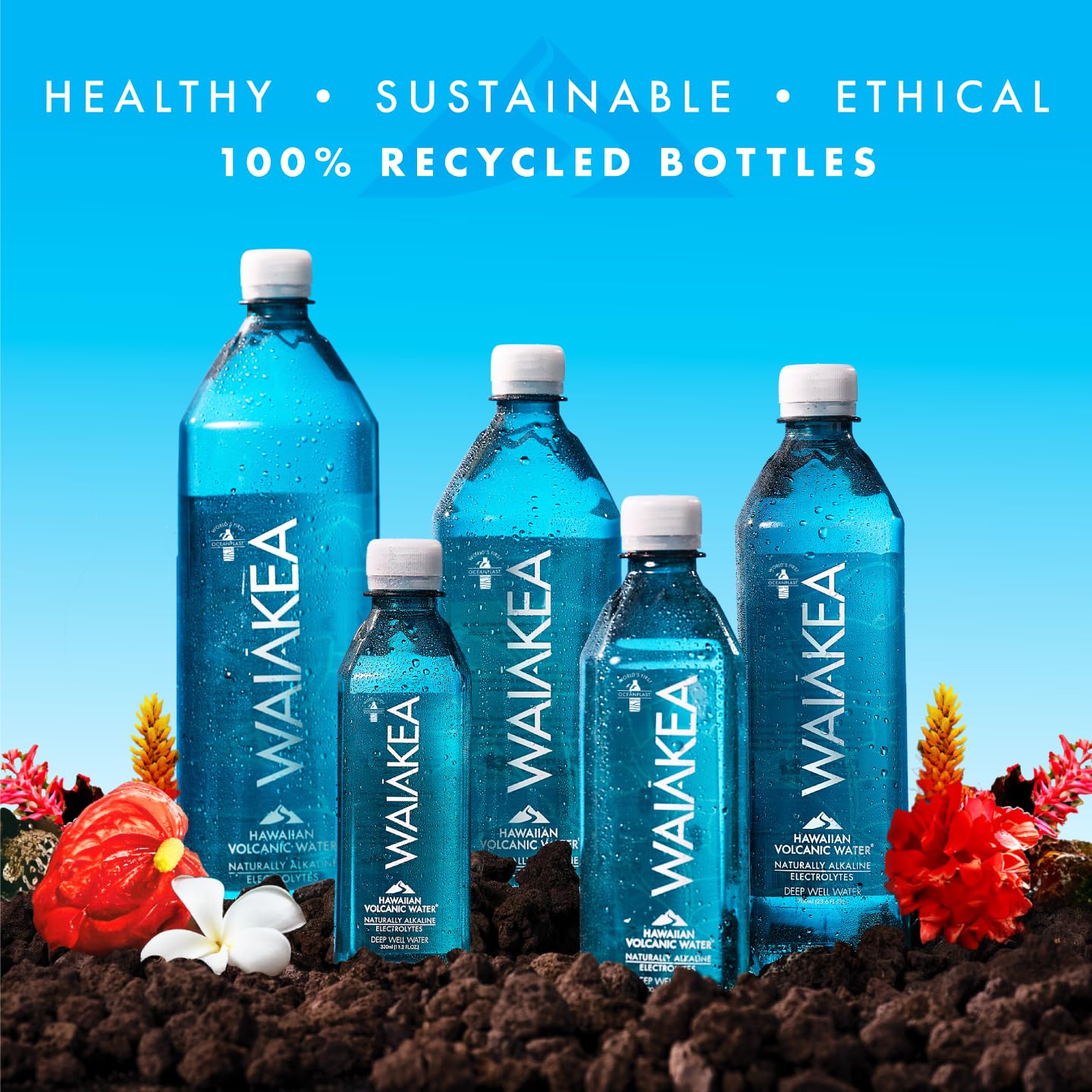 Waiakea Hawaiian Volcanic Water, Naturally Alkaline, 100% Recycled Bottle, 1L (Pack of 12), 33.8 Fl Oz (Pack of 12)