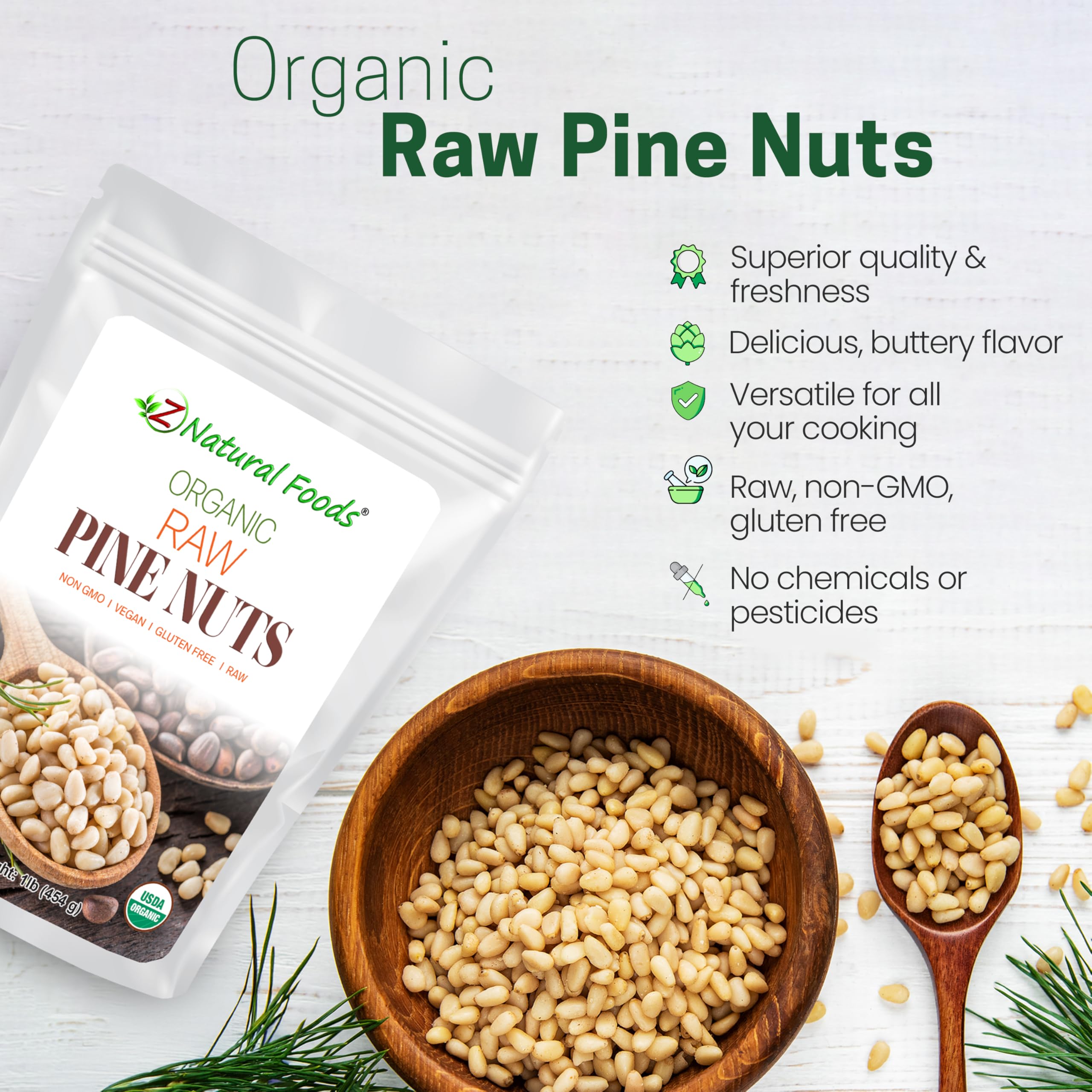 Z Natural Foods Organic Pine Nuts - Raw Nutrient-Dense Superfood Packed in Airtight Foil Pouches - Pure Pine Nut for Pesto, Trail Mix, Salad & Recipes - Vegan, Gluten-Free, Keto-Friendly Snacks, 1 lb