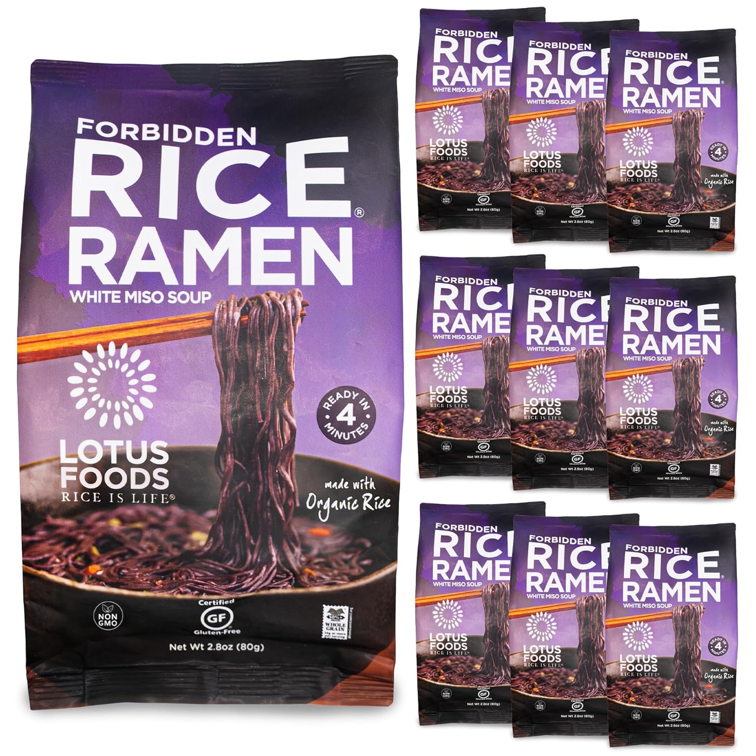 Lotus Foods Bulk Food Organic Millet & Brown Rice Ramen Noodles with Red Miso Soup, Gluten-Free Easy to Cook & Healthy Japanese Noodles with Instant Gourmet Broth, 2.8 Oz (Pack of 10)