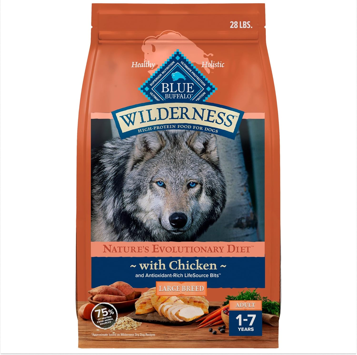 Blue Buffalo Wilderness Natural High-Protein Dry Food for Adult Dogs, with Wholesome Grains, Salmon, 28-lb Bag.