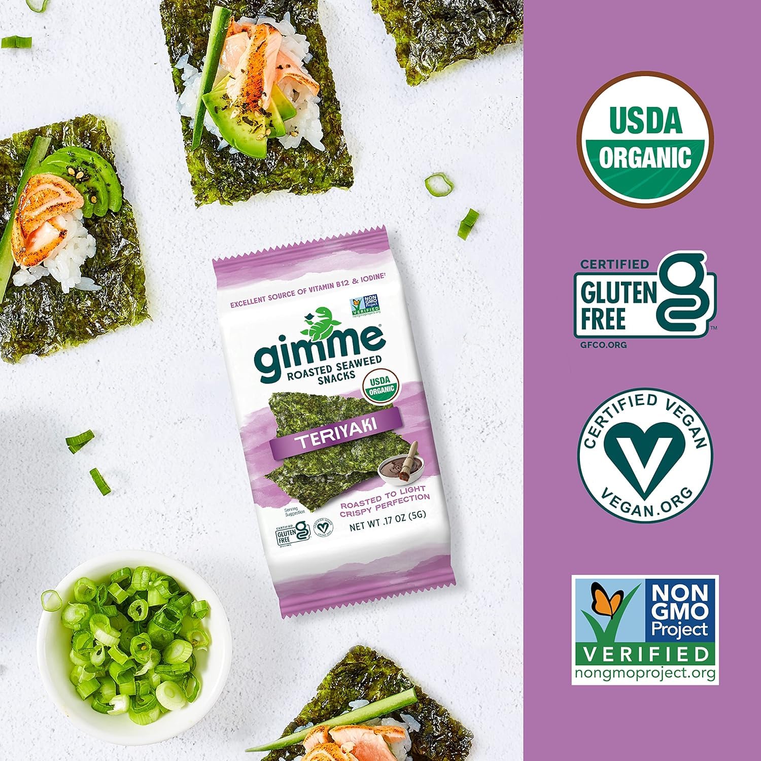 Gimme Seaweed Organic Premium Roasted Seaweed Snacks, Sea Salt, 20 Count, Keto, Vegan, Gluten-Free, Great Source of Omega3s and Iodine, Healthy On-The-Go Snack for Kids and Adults