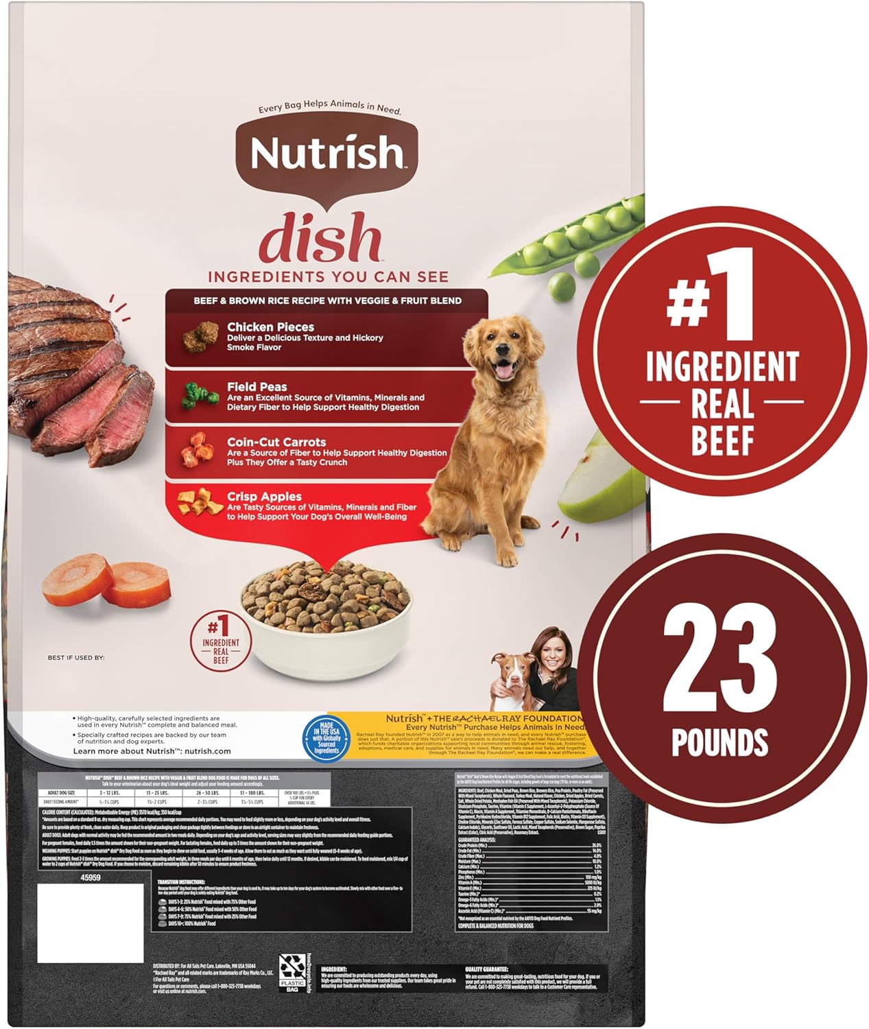 Rachael Ray Nutrish Dish Dry Dog Food Beef & Brown Rice Recipe With Veggie & Fruit Blend, 23 lb. Bag