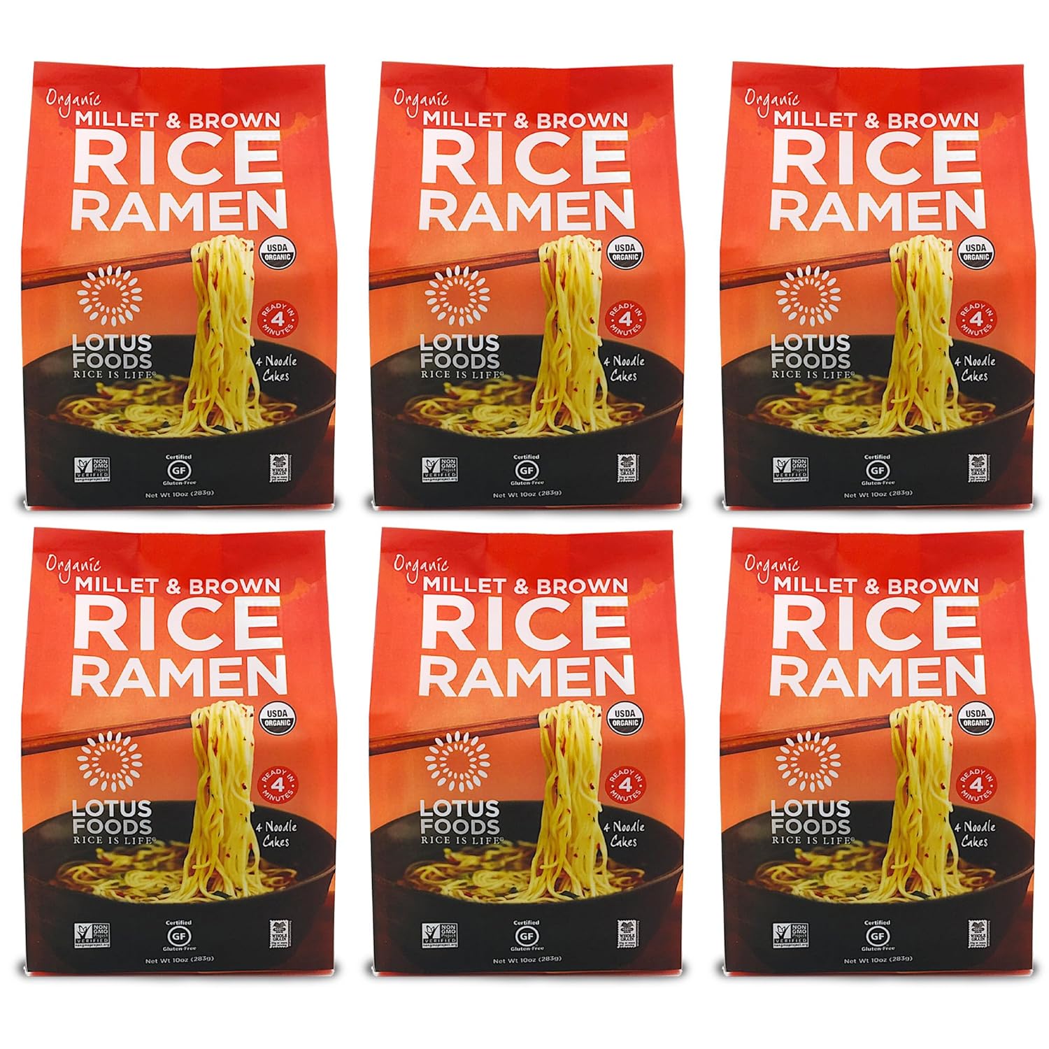 Lotus Foods Organic Millet & Brown Rice Ramen - Gluten Free Ramen Noodles, Whole Grain Ramen Noodles, Organic Vegan Ramen, Low Sodium Rice Noodles, Organic, Gluten-Free, Vegan - 10 Oz Bags (Pack of 3)