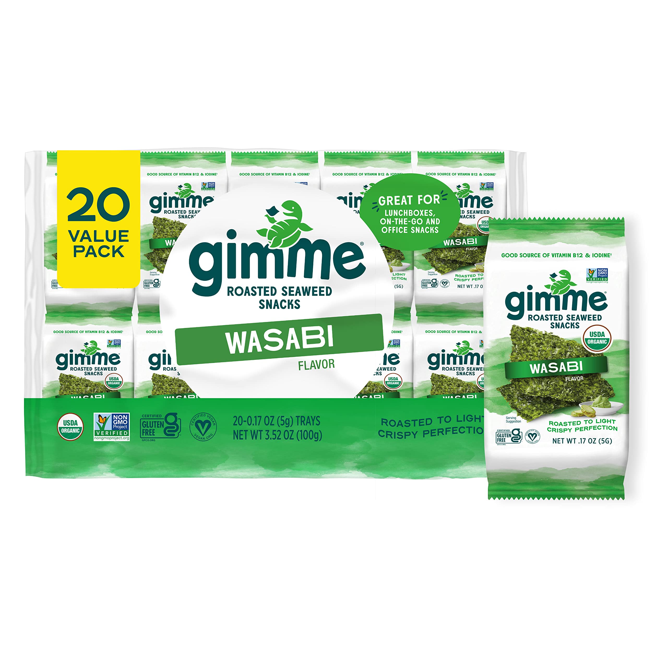 Gimme Seaweed Organic Premium Roasted Seaweed Snacks, Sea Salt, 20 Count, Keto, Vegan, Gluten-Free, Great Source of Omega3s and Iodine, Healthy On-The-Go Snack for Kids and Adults
