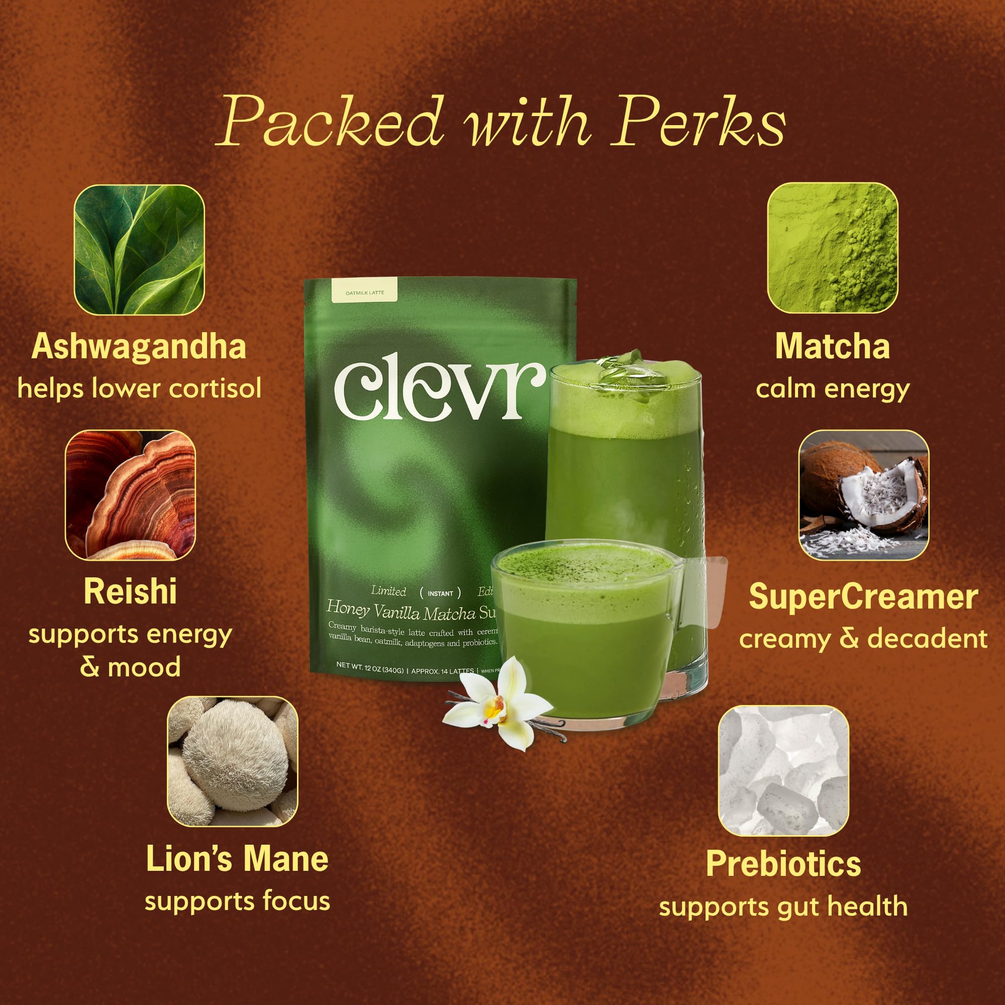 Clevr Organic Matcha Green Tea Latte, Instant Ceremonial Grade, Superfood Powder Blend with Oat Milk, Lions Mane, Reishi Mushroom, Coconut Cream, Ashwagandha, Serve Hot or Iced, (14 Lattes)