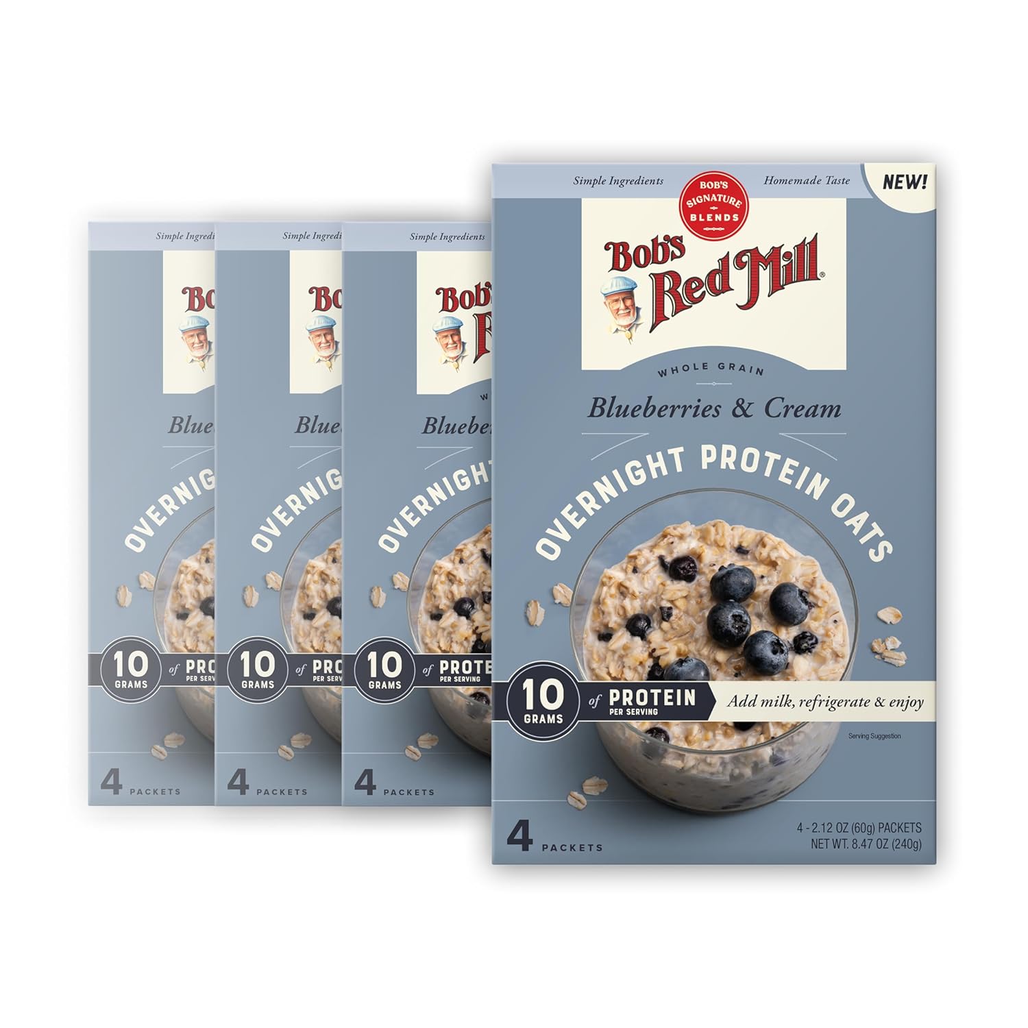 Bob's Red Mill Overnight Protein Oats, Blueberries & Cream, 16 Packets Total, Non-GMO, Gluten Free, Whole Grain