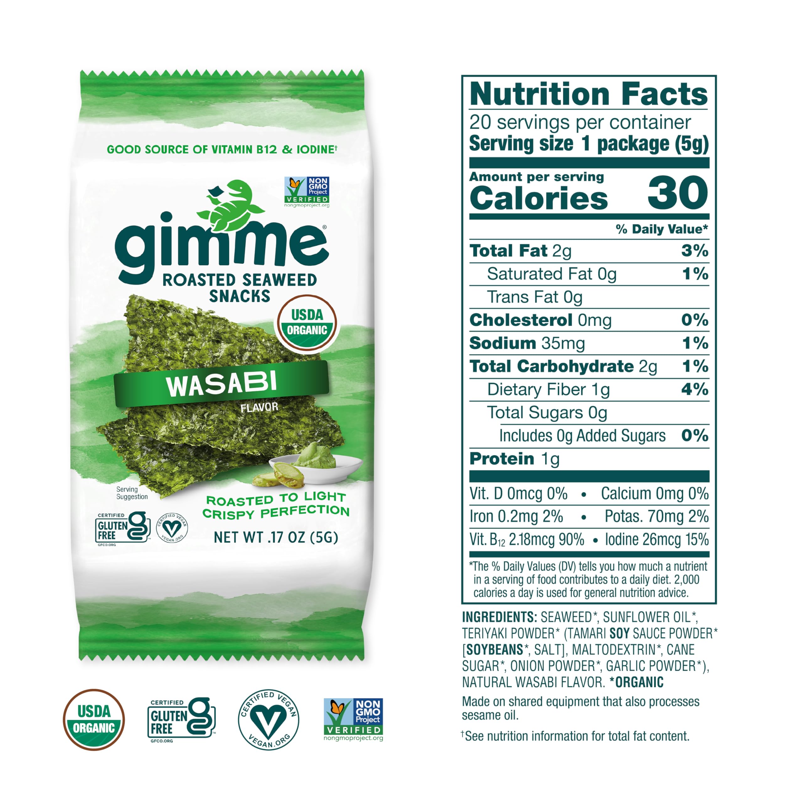 Gimme Seaweed Organic Premium Roasted Seaweed Snacks, Sea Salt, 20 Count, Keto, Vegan, Gluten-Free, Great Source of Omega3s and Iodine, Healthy On-The-Go Snack for Kids and Adults