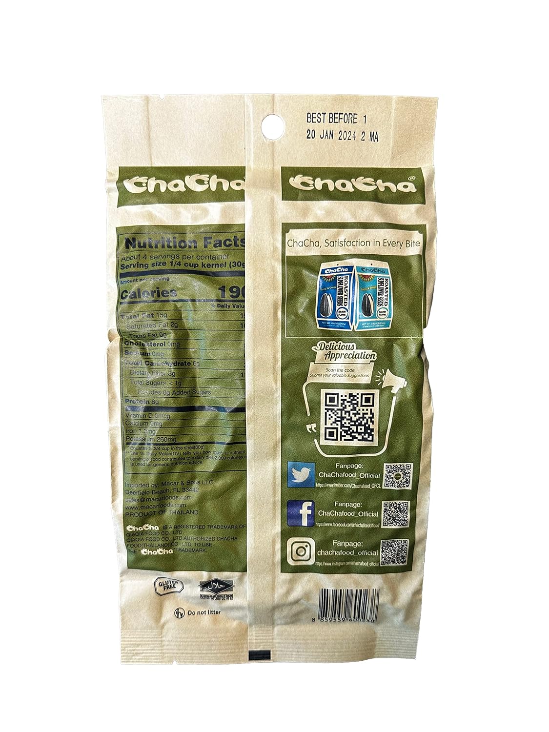 Chacha Sunflower Roasted and Salted Seeds (All Nature) 250g X 18bags