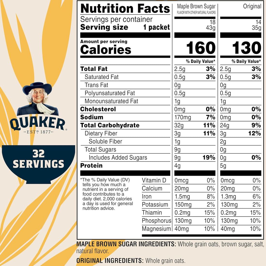 Quaker Instant Oatmeal, 2 Flavor Gluten Free Variety Pack, 32 Count
