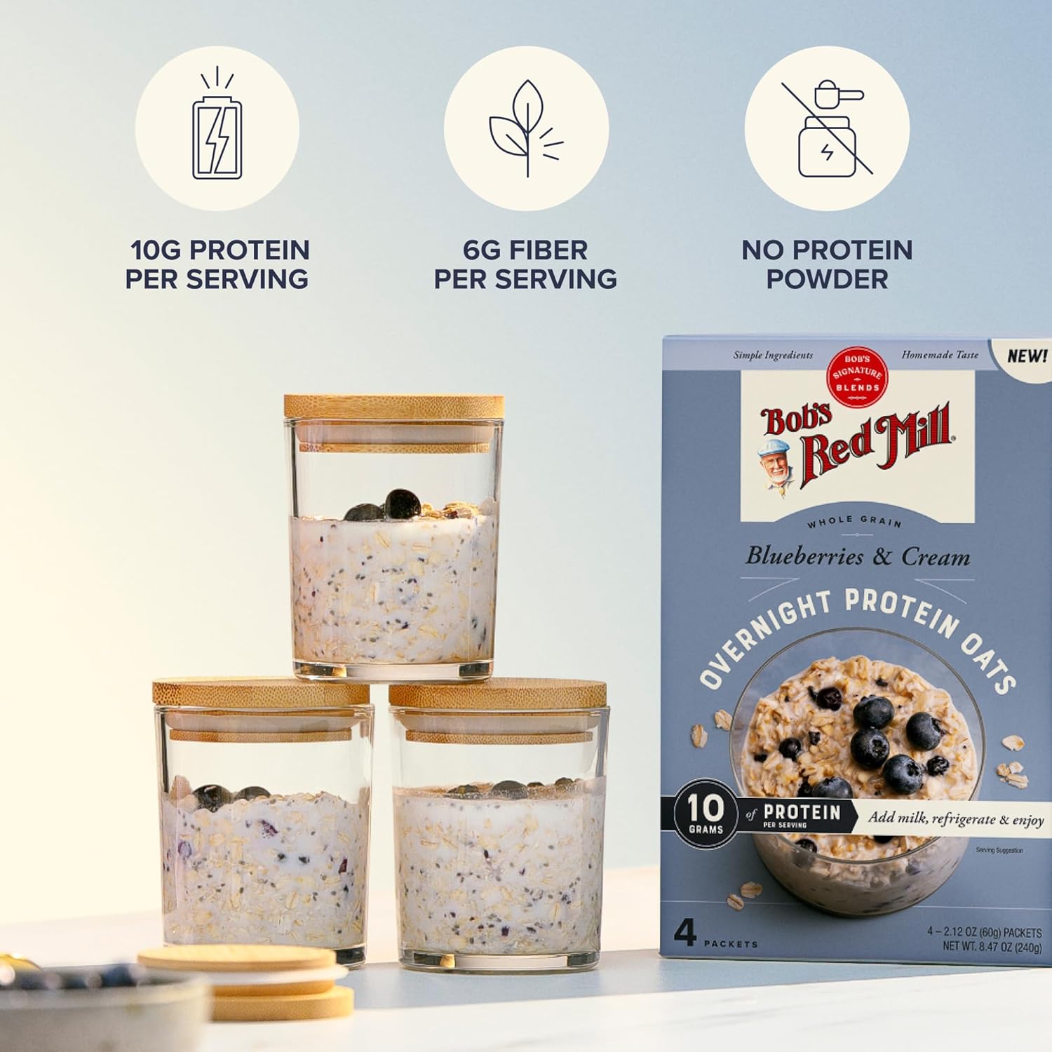 Bob's Red Mill Overnight Protein Oats, Blueberries & Cream, 16 Packets Total, Non-GMO, Gluten Free, Whole Grain