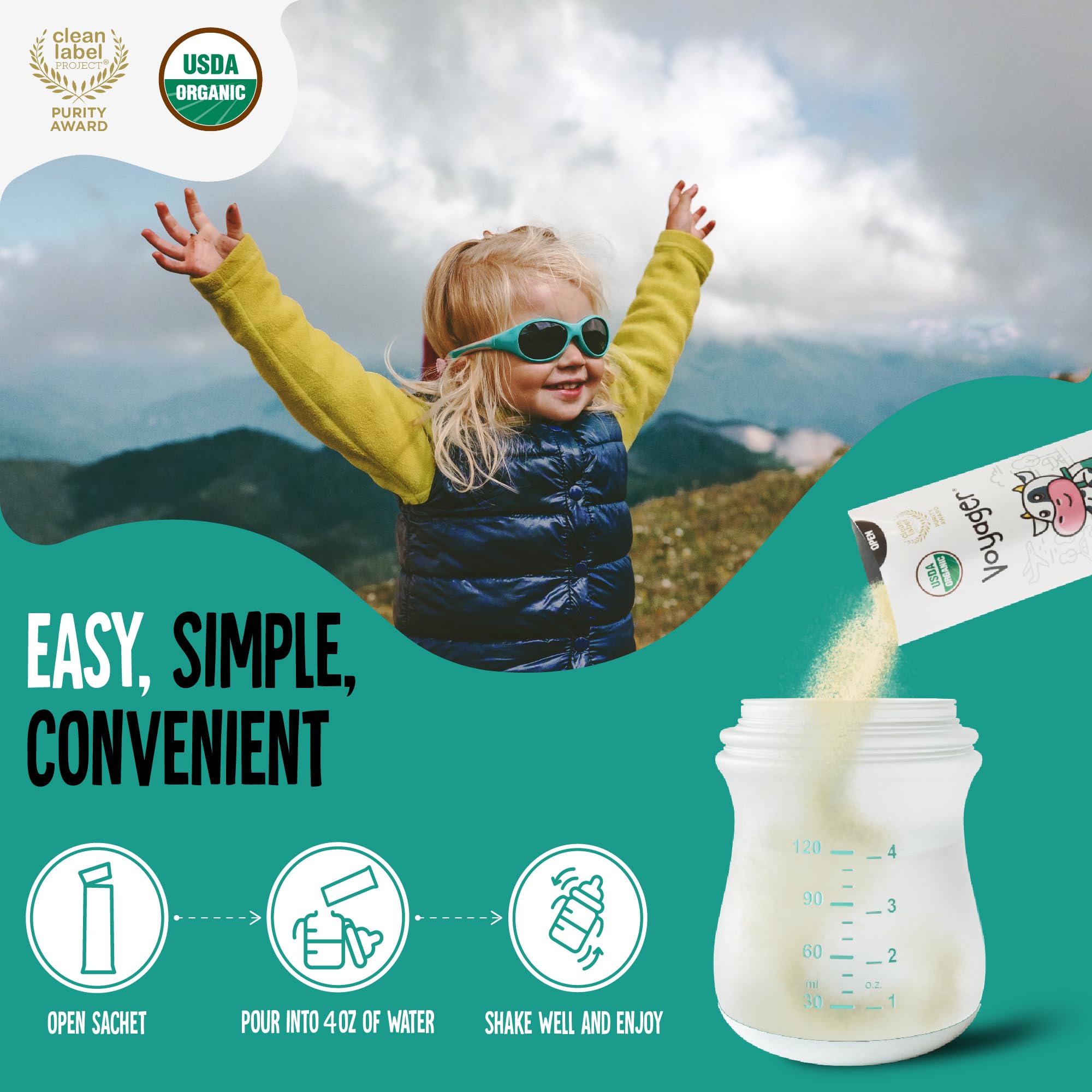 Voyager Toddler Milk On The Go, USDA Organic Shelf Stable Whole Milk Powder, Great for Travel, No Refrigeration, Gluten Free with No GMO's and No Antibiotics for Kids, 16 Sachets of 15g