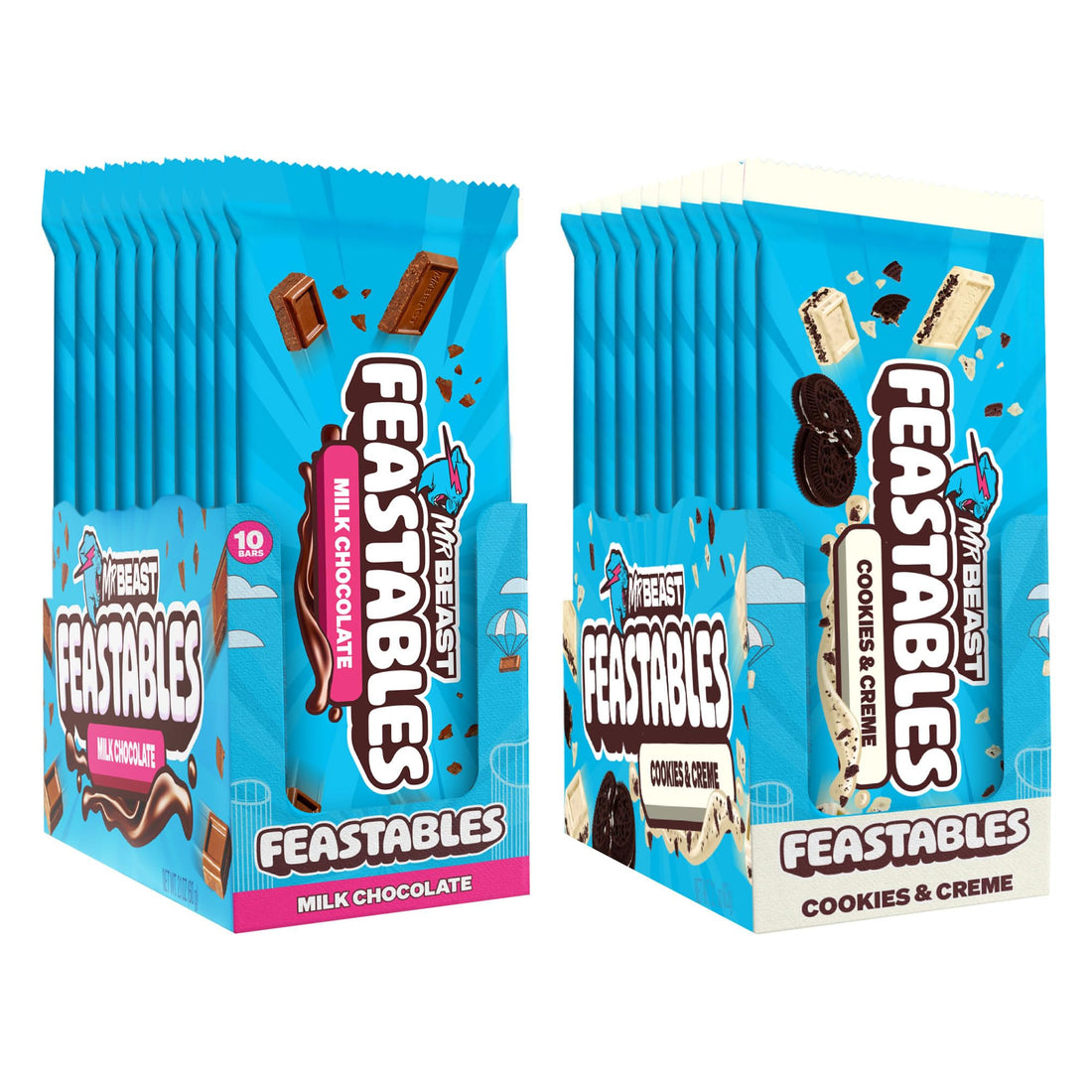 Feastables MrBeast Milk & Cookies Pack, King Size Milk Chocolate & Cookies & Creme Bars, 10 Each, Candy Bars for Adults & Kids as Snacks, Gifts, or Dessert, Fairtrade Cocoa, 2.1 Oz Each, 20 Count