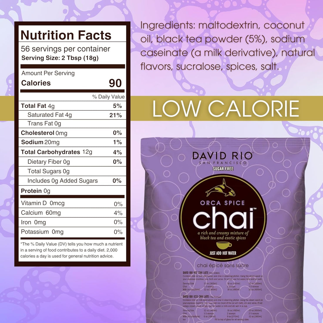 Orca Spice Reduced Calorie Chai Tea Latte Mix, 47.6 Oz, Black Tea, Organic Spices, Sugar Free, Dairy Free, Serve Hot or Cold, Just Add Water or Milk, 56 Servings, Perfect for Food Service