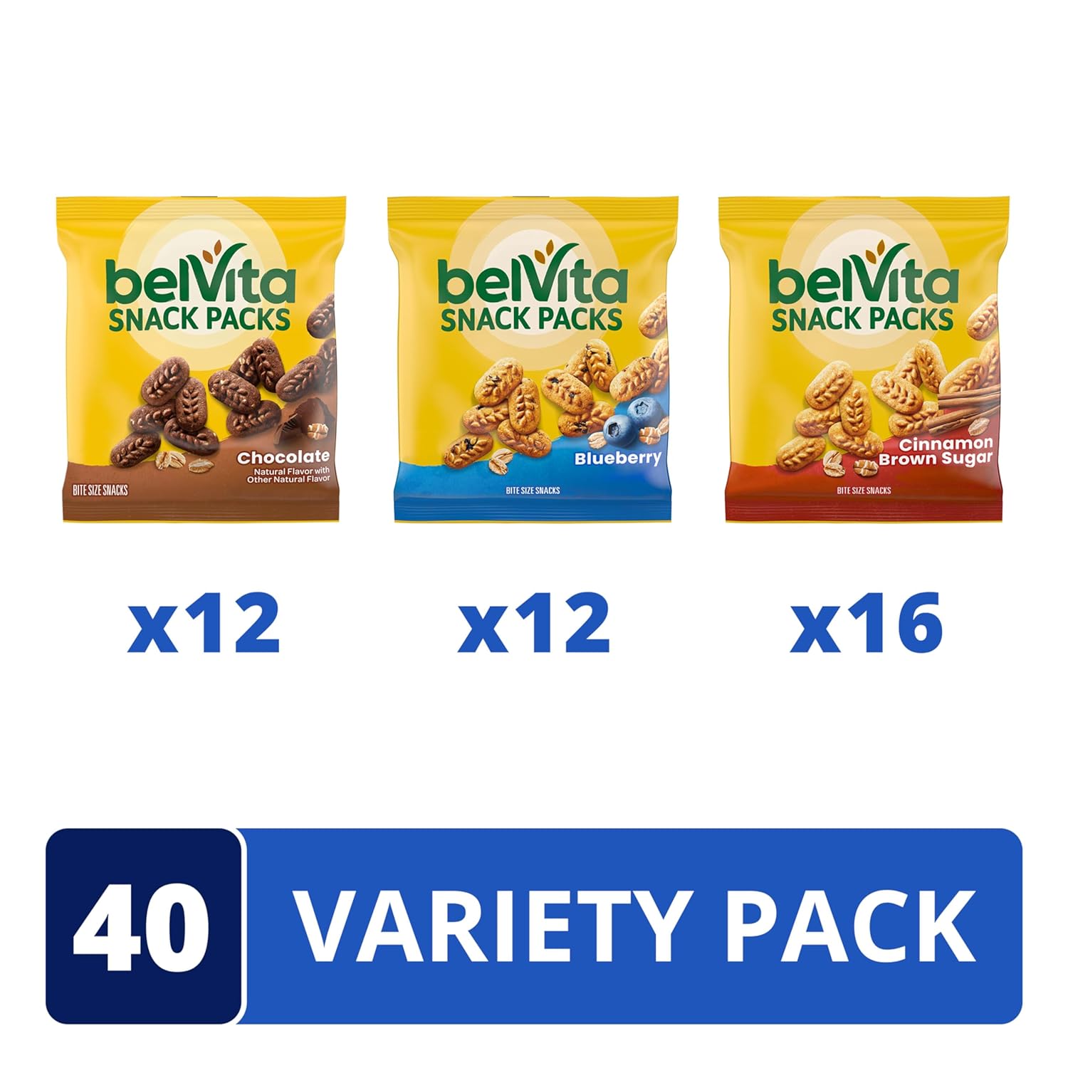 belVita Bite Size Snacks Variety Pack, Blueberry, Chocolate and Cinnamon Brown Sugar Crunchy Bites, 40 Snack Packs