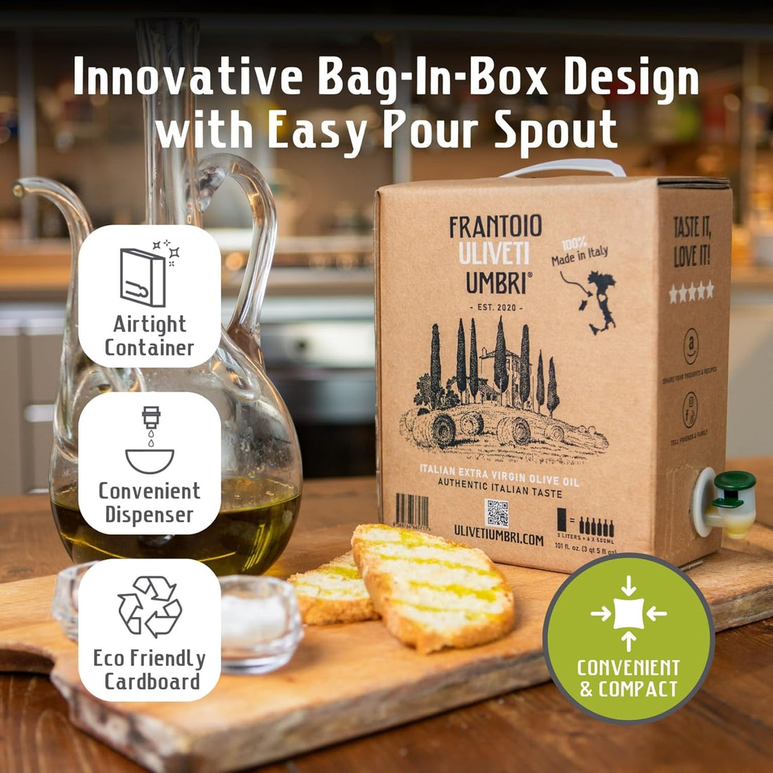 Frantoio Uliveti Umbri Bag in Box Olive Oil | Authentic Italian Extra Virgin Olive Oil | Perfect for Finishes and Dressings | Cold Pressed 100% Made in Italy | Bag-in-Box 3L (101.4 Fl Oz)