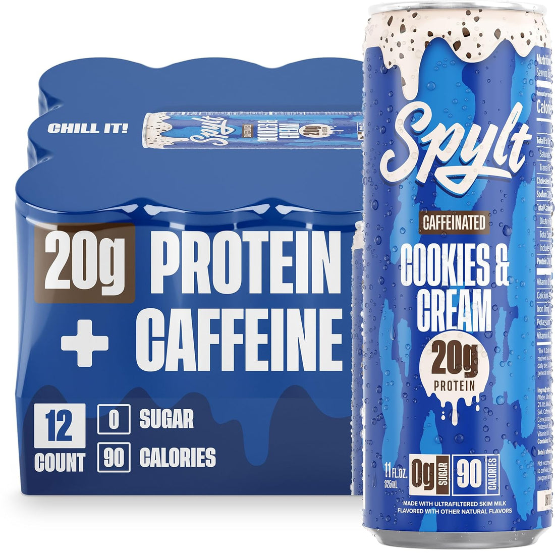 Spylt High Protein Vanilla Milkshake with 60mg Caffeine & 20g Protein - 90 Calories, Ready to Drink, Sugar Free, Lactose Free Milk, Perfect for Workout Recovery & Afternoon Pick Me Up - 12 Count