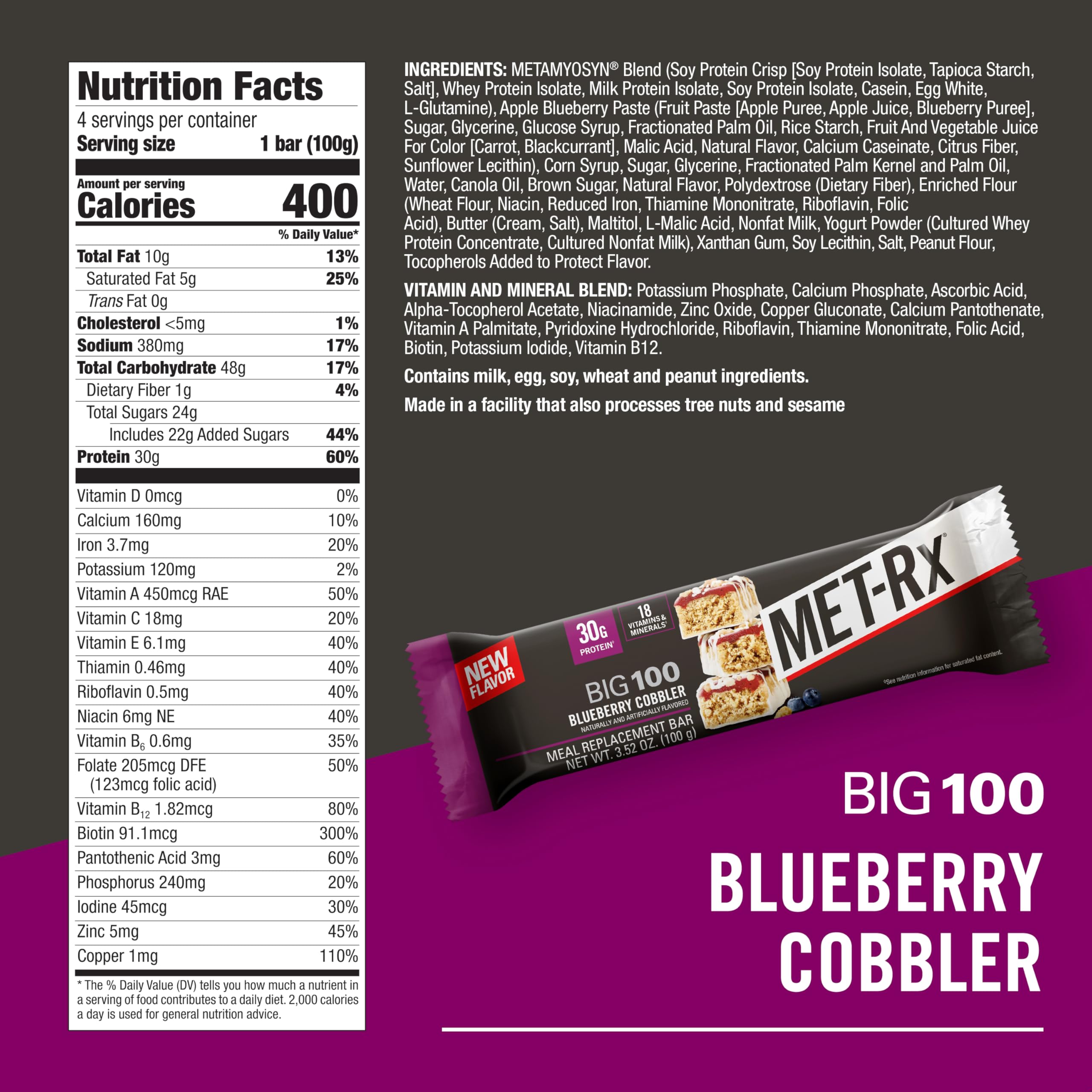 MET-Rx Big 100 Protein Bar, Meal Replacement Bar, 32G Protein, Super Cookie Crunch, 9 Bars (Pack of 1)