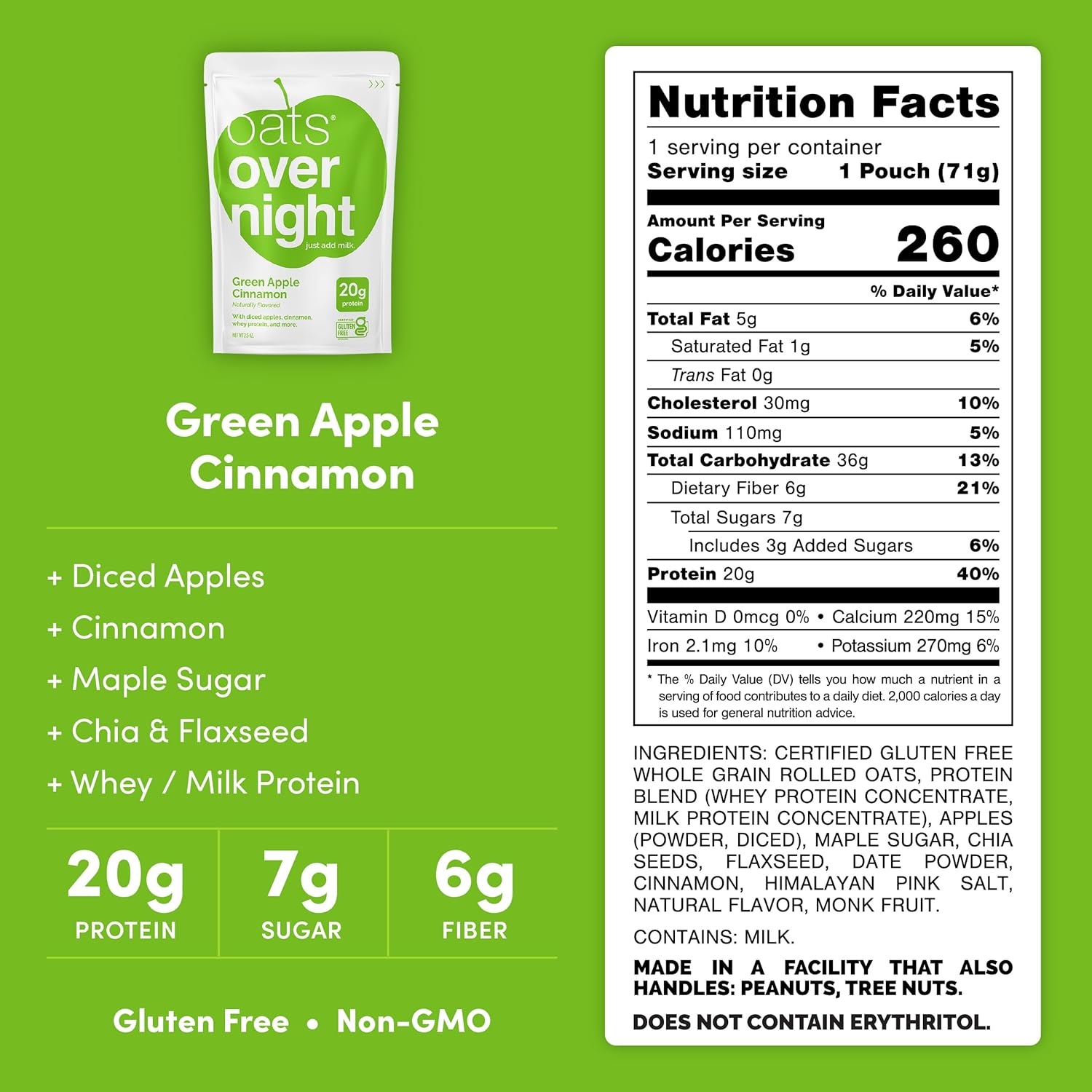 Oats Overnight Green Apple Cinnamon - Overnight Oats with 20g Protein, High Fiber Breakfast Protein Shake - Gluten Free Oatmeal, Non GMO High Protein Oatmeal (2.6 oz per Meal) (8 Pack)