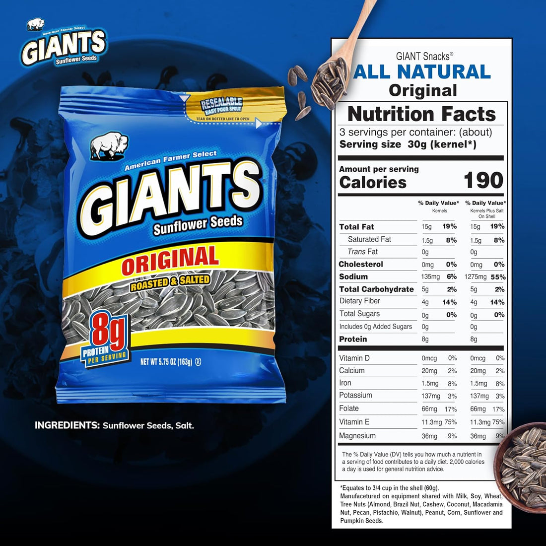 GIANTS Original Sunflower Seeds - Sunflower Seeds to Eat, Sunflower Seeds Bulk, Lightly Salted Sunflower Seeds for Eating, High Protein Snack - 5.75 oz Resealable Bags (Case of 12)