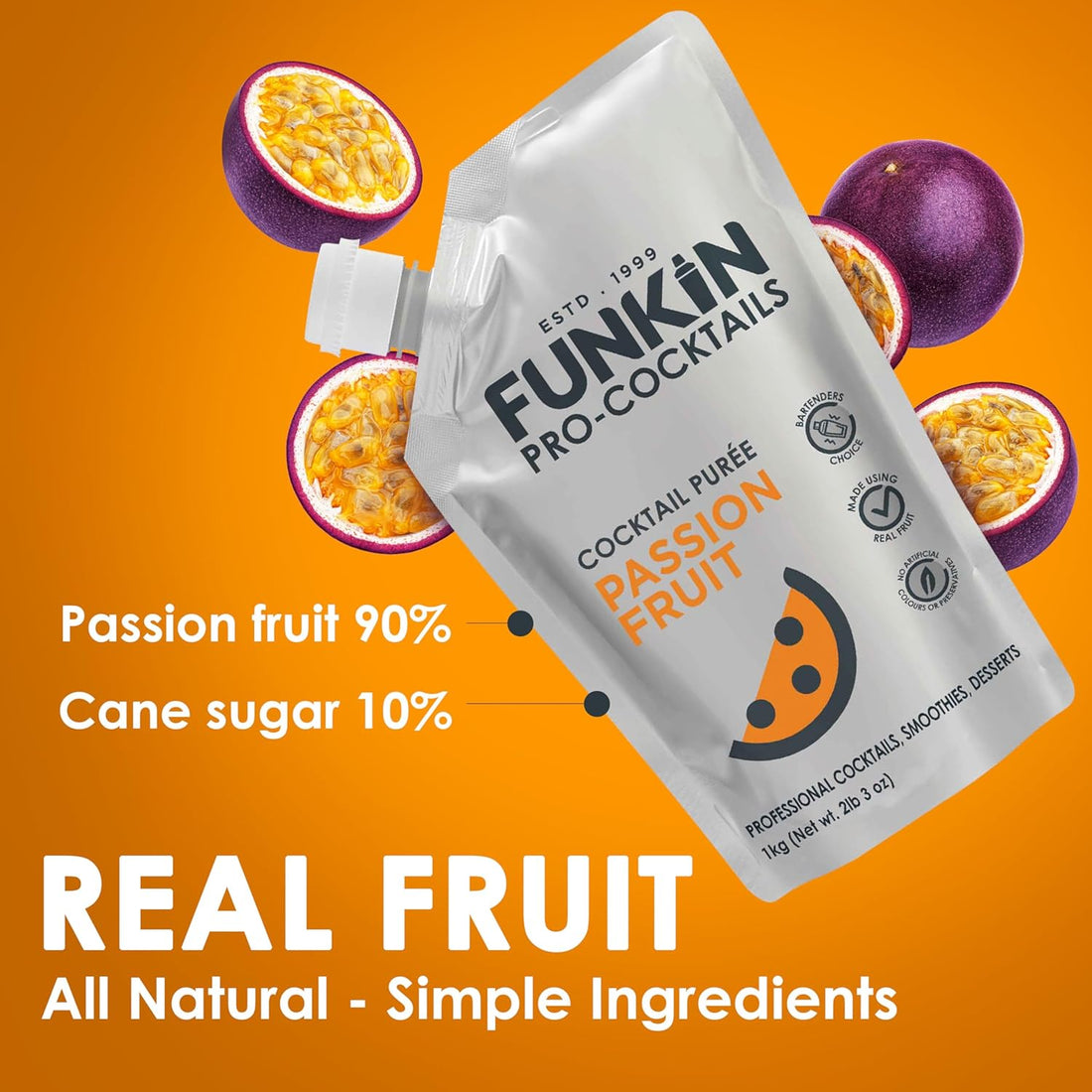Funkin Fruit Puree | Real Fruit, Simple Ingredient, Natural Mixer for Cocktails, Drinks, Smoothies | Vegan, Non-GMO, Gluten-Free (2.2 lbs) (Passion Fruit)