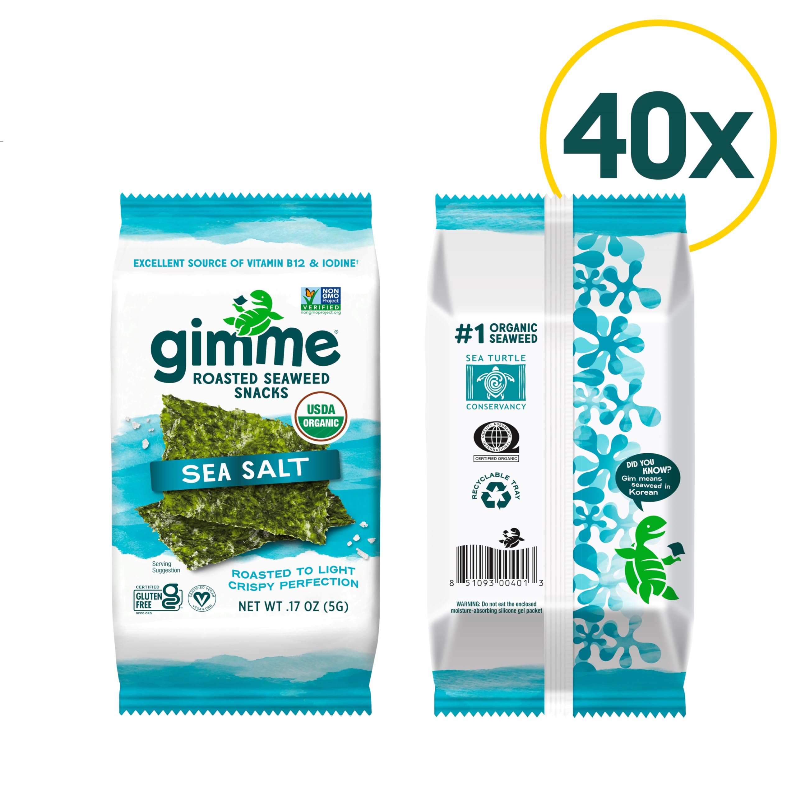 Gimme Seaweed Organic Premium Roasted Seaweed Snacks, Sea Salt, 20 Count, Keto, Vegan, Gluten-Free, Great Source of Omega3s and Iodine, Healthy On-The-Go Snack for Kids and Adults
