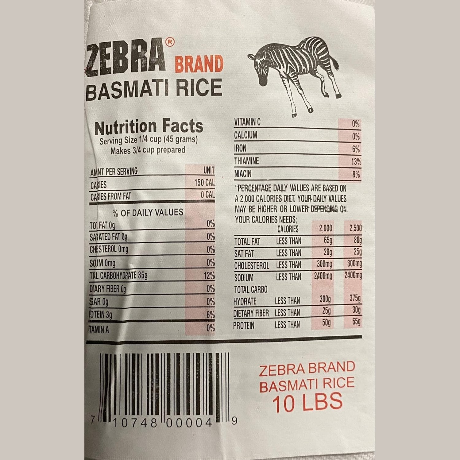 Naturally Aromatic Zebra Basmati Rice Extra Long Kernel 10 Lb Bag - NET WT 10 lbs