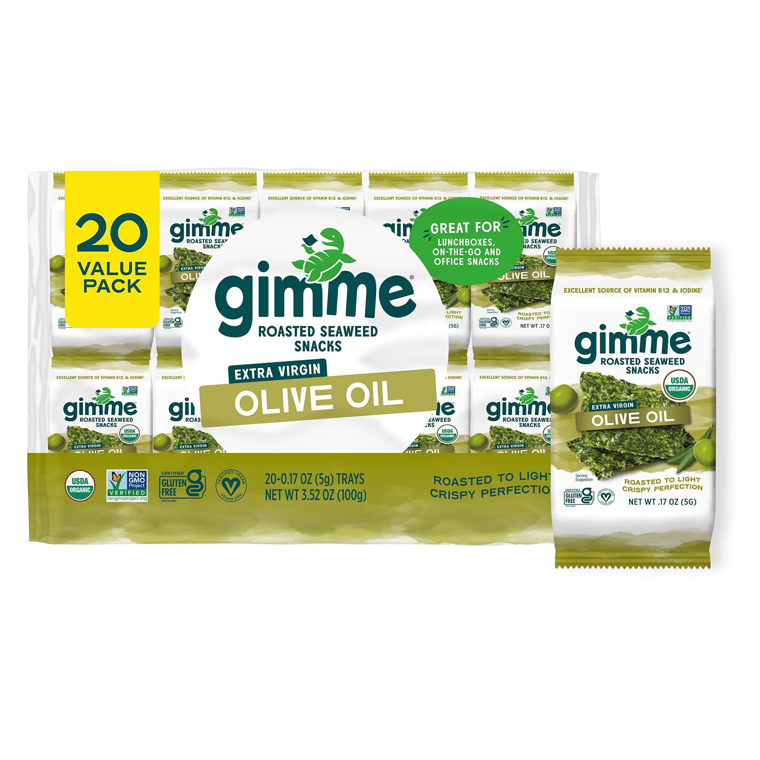Gimme Seaweed Organic Premium Roasted Seaweed Snacks, Sea Salt, 20 Count, Keto, Vegan, Gluten-Free, Great Source of Omega3s and Iodine, Healthy On-The-Go Snack for Kids and Adults