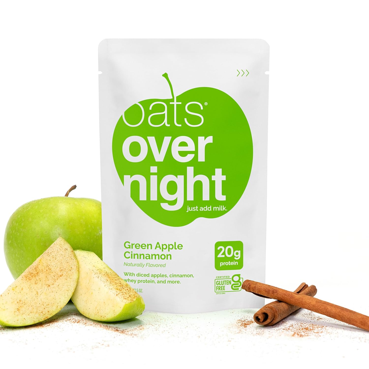 Oats Overnight Green Apple Cinnamon - Overnight Oats with 20g Protein, High Fiber Breakfast Protein Shake - Gluten Free Oatmeal, Non GMO High Protein Oatmeal (2.6 oz per Meal) (8 Pack)
