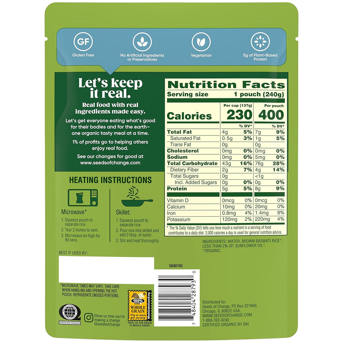 SEEDS OF CHANGE Certified Organic Brown Basmati Rice, Organic Food, 8.5 OZ Pouch (Pack of 12)