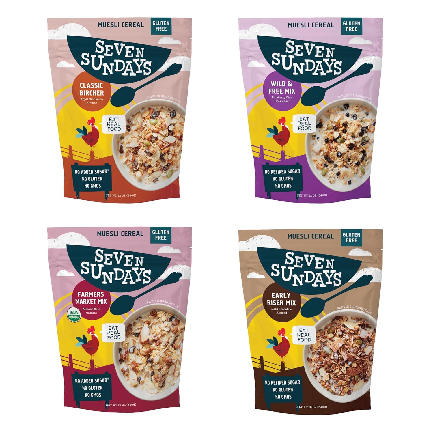 Seven Sundays Muesli Cereal Variety Pack - 4 Count, 12 Oz Bag - Certified Gluten Free Muesli - Non GMO, No Refined Sugar and Kosher