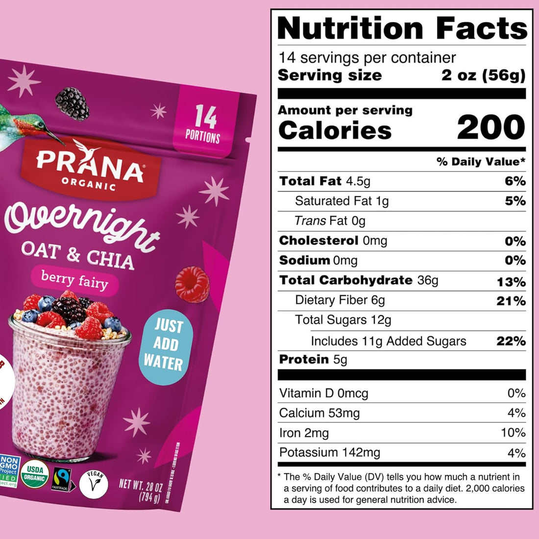 Prana Organic Overnight Chia with Oats Berry Fairy | Rich in Fiber & Protein, Vegan, Non-GMO | Ready to Eat Breakfast - 28 oz Bags - 2 Pack