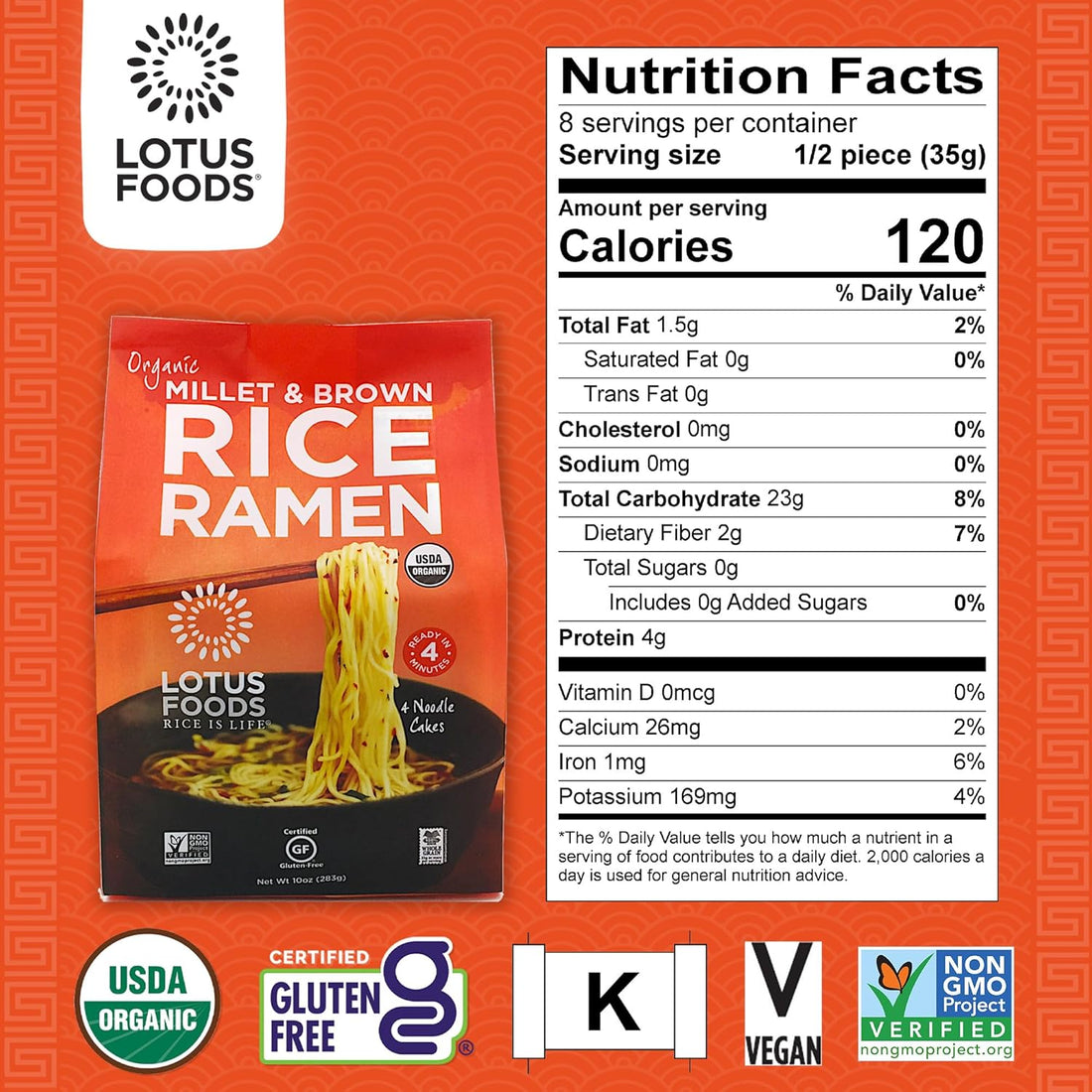 Lotus Foods Organic Millet & Brown Rice Ramen - Gluten Free Ramen Noodles, Whole Grain Ramen Noodles, Organic Vegan Ramen, Low Sodium Rice Noodles, Organic, Gluten-Free, Vegan - 10 Oz Bags (Pack of 3)