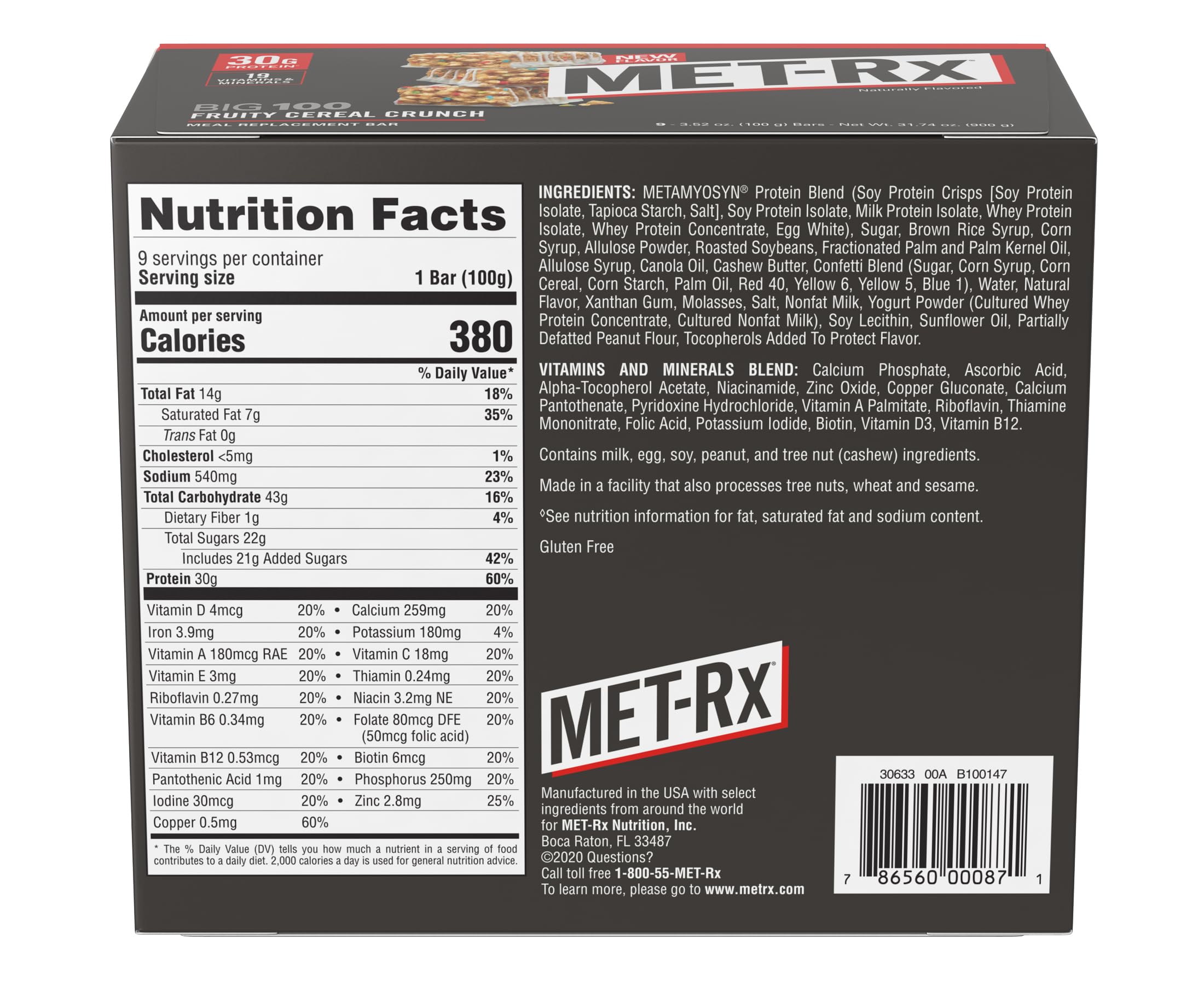 MET-Rx Big 100 Protein Bar, Meal Replacement Bar, 32G Protein, Super Cookie Crunch, 9 Bars (Pack of 1)