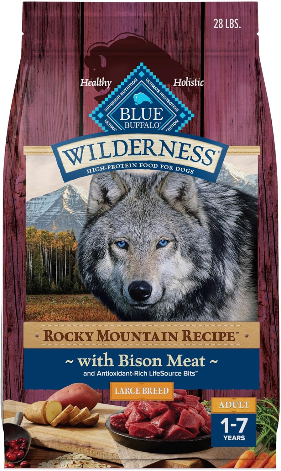 Blue Buffalo Wilderness Natural High-Protein Dry Food for Adult Dogs, with Wholesome Grains, Salmon, 28-lb Bag.