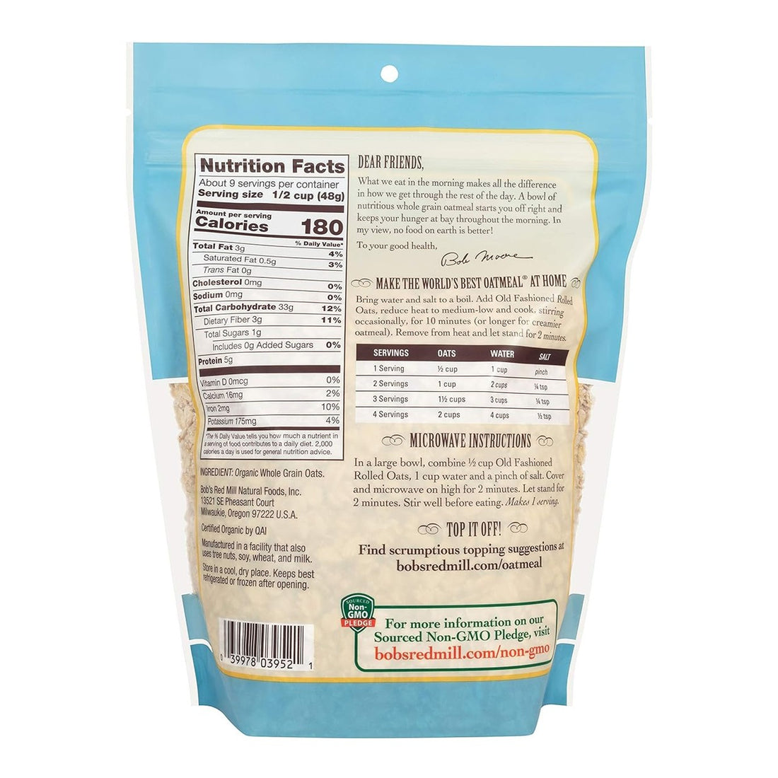 Bob's Red Mill Organic Old Fashioned Rolled Oats, 16oz (Pack of 4) - Non GMO, Whole Grain, Vegan, Kosher