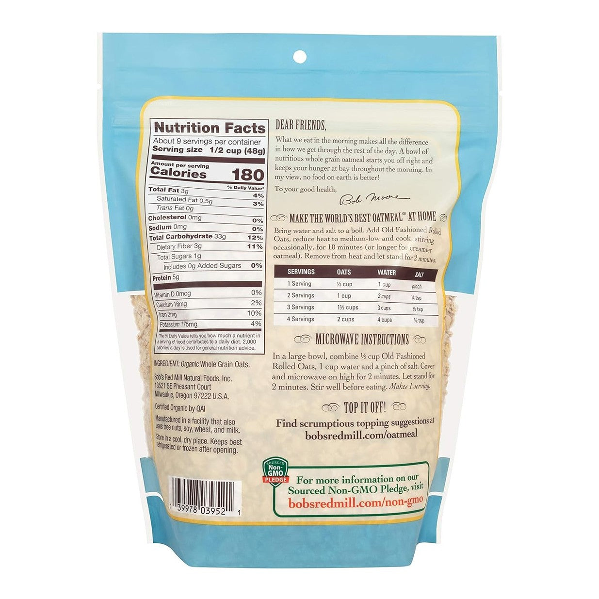 Bob's Red Mill Organic Old Fashioned Rolled Oats, 16oz (Pack of 4) - Non GMO, Whole Grain, Vegan, Kosher