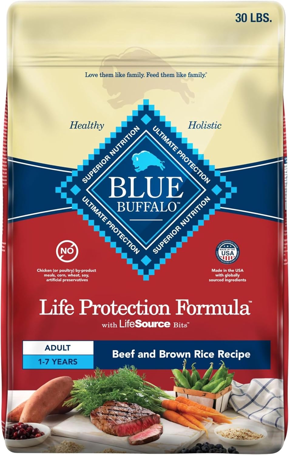 Blue Buffalo Life Protection Formula Adult Dry Dog Food, Helps Build and Maintain Strong Muscles, Made with Natural Ingredients, Chicken & Brown Rice Recipe, 30-lb. Bag