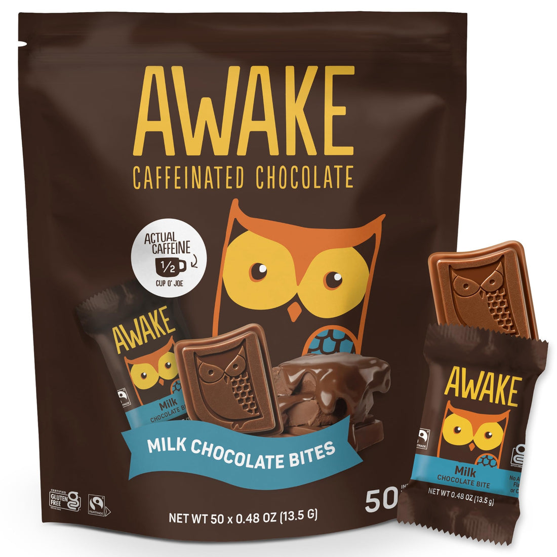 AWAKE - Caffeinated Chocolate Bites - Caramel Milk Chocolate, 50 Bites - 50mg Caffeine - Individually Wrapped Energy Bites - Coffee Alternative - Fairtrade, Gluten Free, Non GMO - 0.48oz