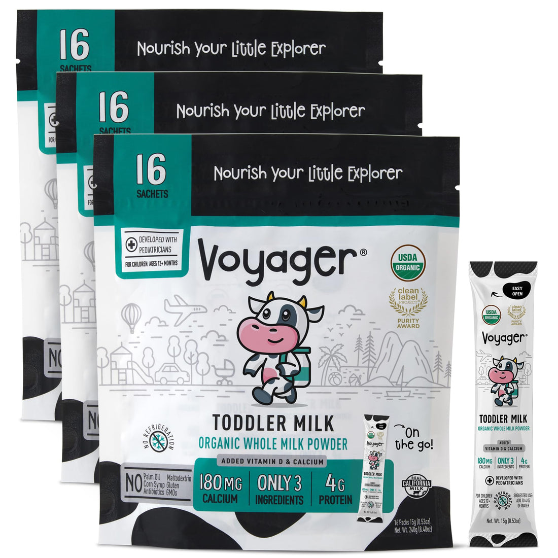 Voyager Toddler Milk On The Go, USDA Organic Shelf Stable Whole Milk Powder, Great for Travel, No Refrigeration, Gluten Free with No GMO's and No Antibiotics for Kids, 16 Sachets of 15g