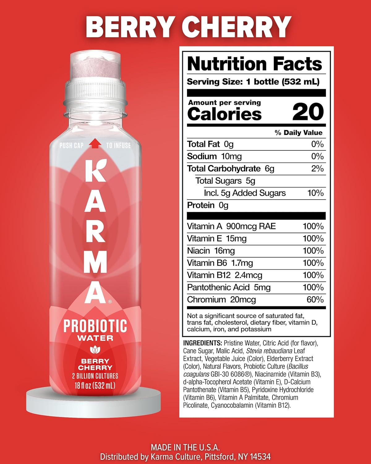Karma Probiotic Water - 12 Pack, Berry Cherry Drink - Immune & Gut Health Support