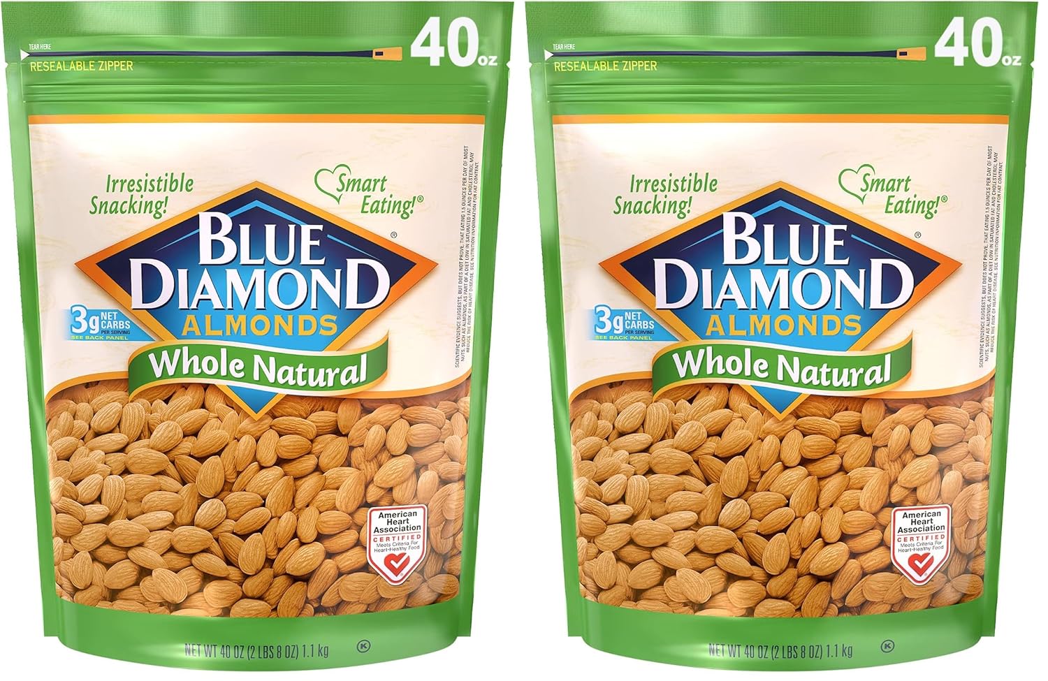 Blue Diamond Almonds Whole Natural Raw Snack Nuts, 40 Oz Resealable Bag (Pack of 1)