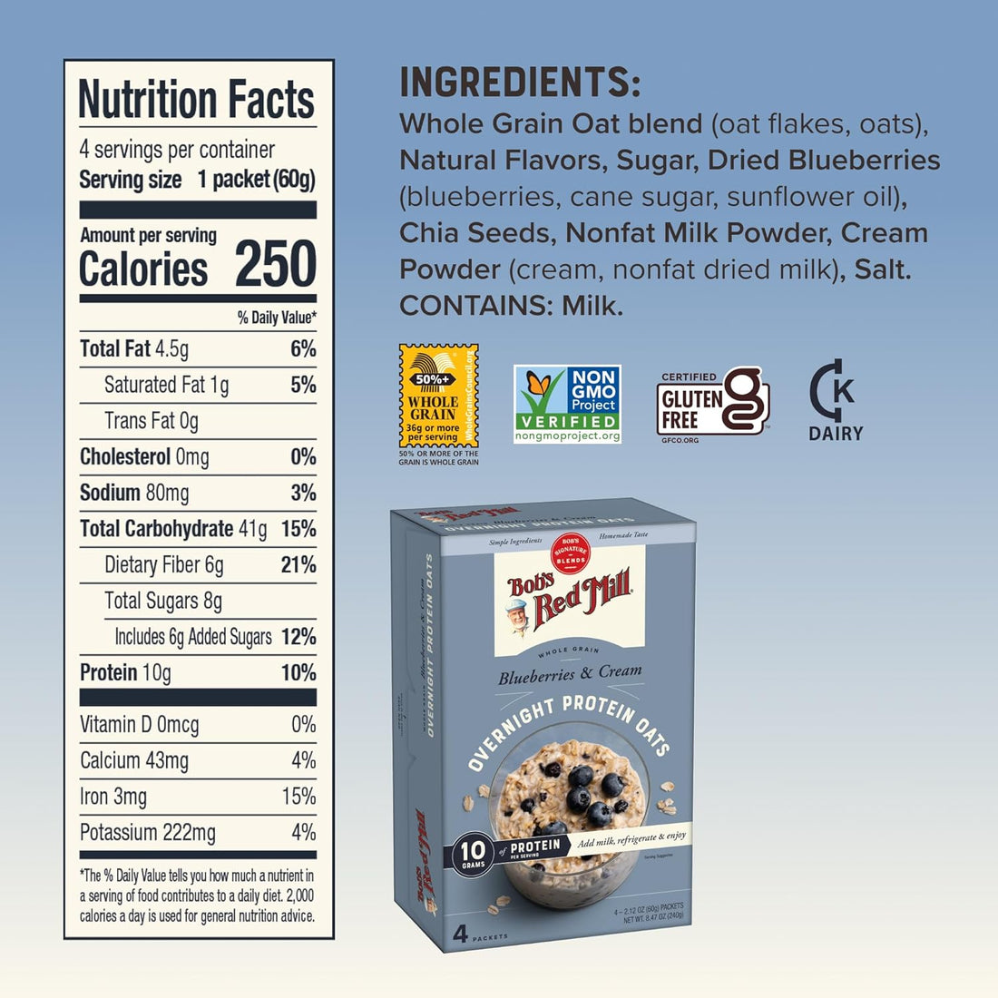 Bob's Red Mill Overnight Protein Oats, Blueberries & Cream, 16 Packets Total, Non-GMO, Gluten Free, Whole Grain