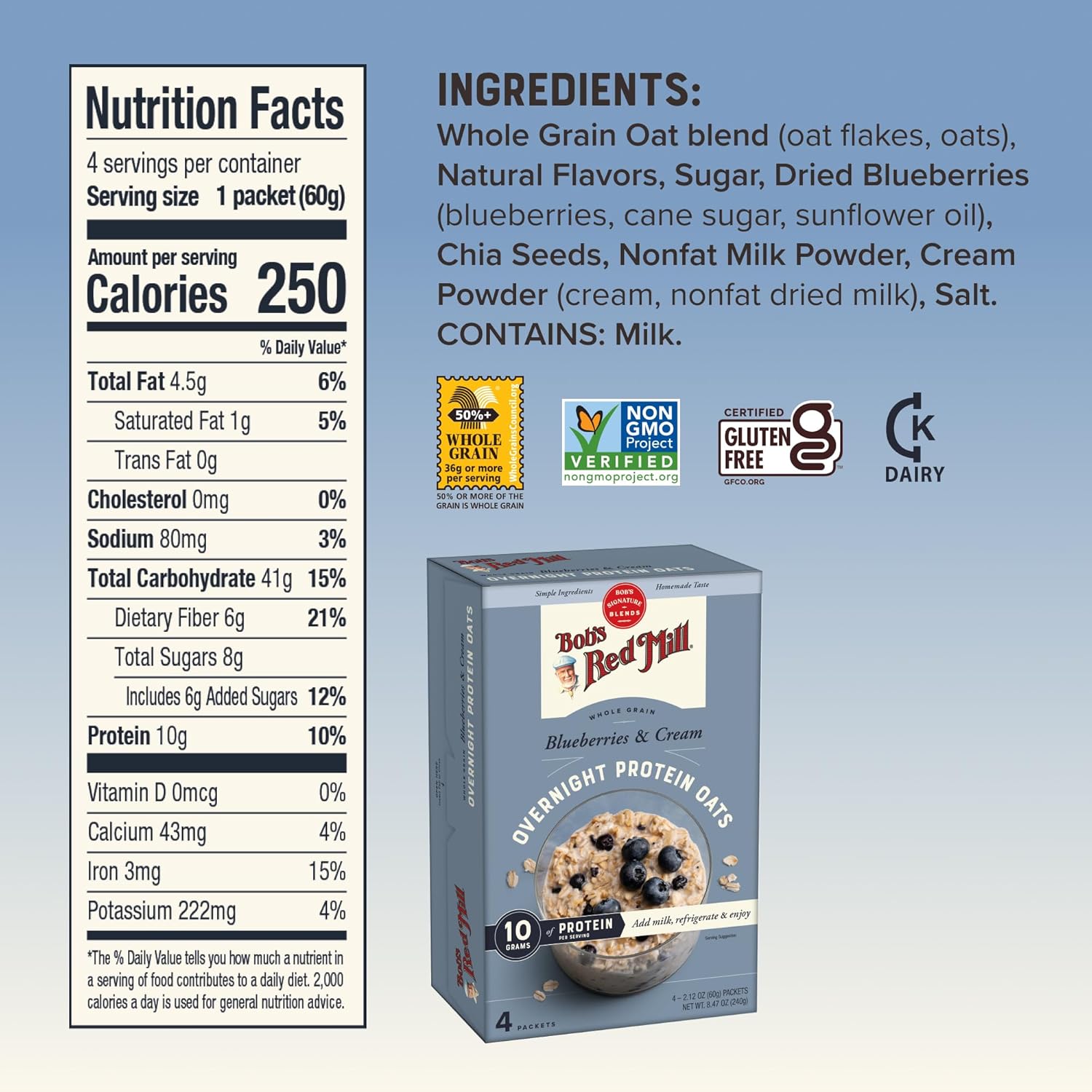 Bob's Red Mill Overnight Protein Oats, Blueberries & Cream, 16 Packets Total, Non-GMO, Gluten Free, Whole Grain