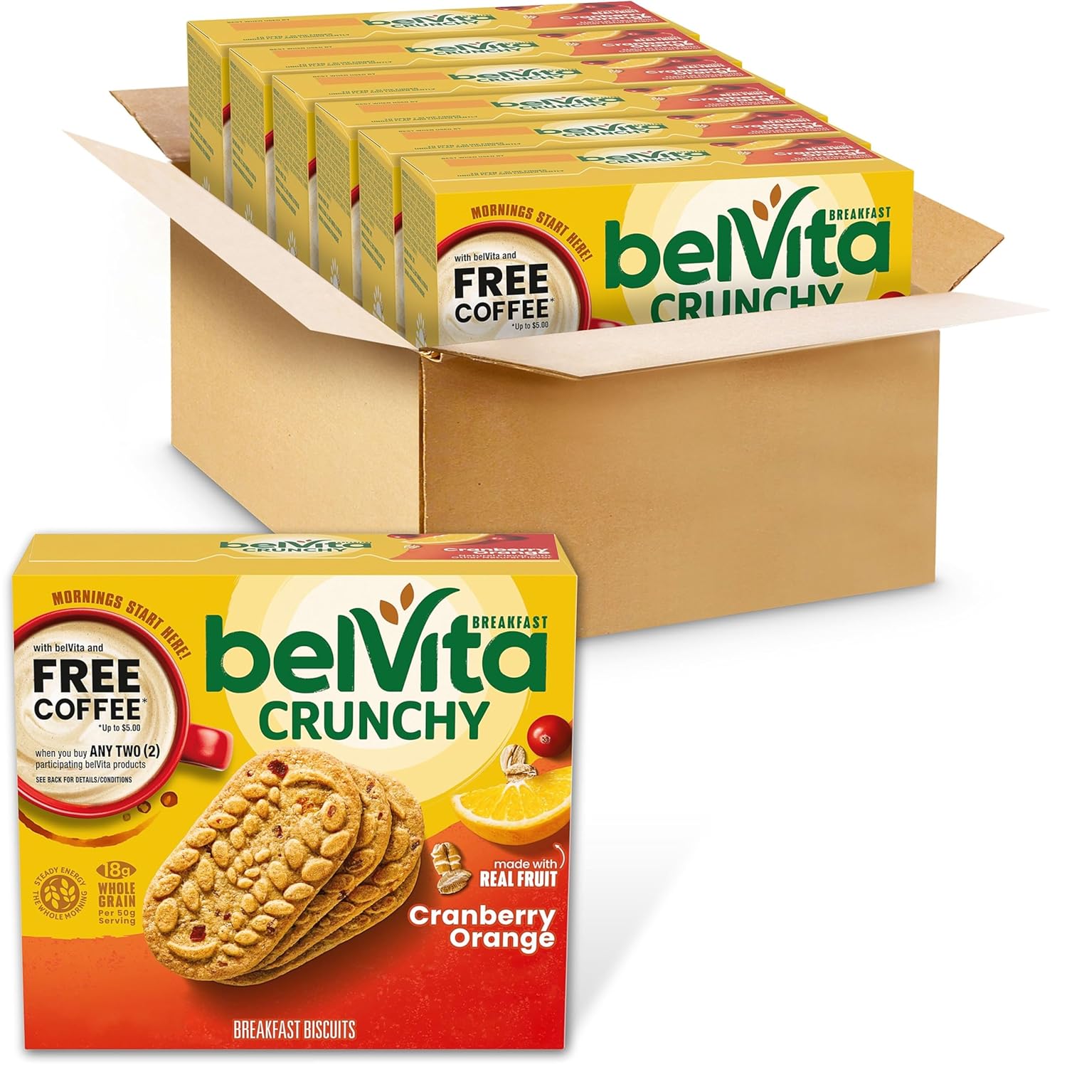 belVita Breakfast Bars Biscuits, Cranberry Orange, 30 Total Packs, 6 Boxes (4 Biscuits Per Pack)