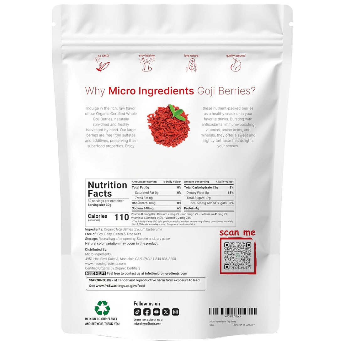 Micro Ingredients Organic Goji Berries 2lbs (32oz) | Large Whole Sun-Dried Berries | Raw Superfood Wolfberries | Natural Flavor for Trail Mix, Juice, & Tea | Sulfate Free, Vegan Friendly, Non-GMO