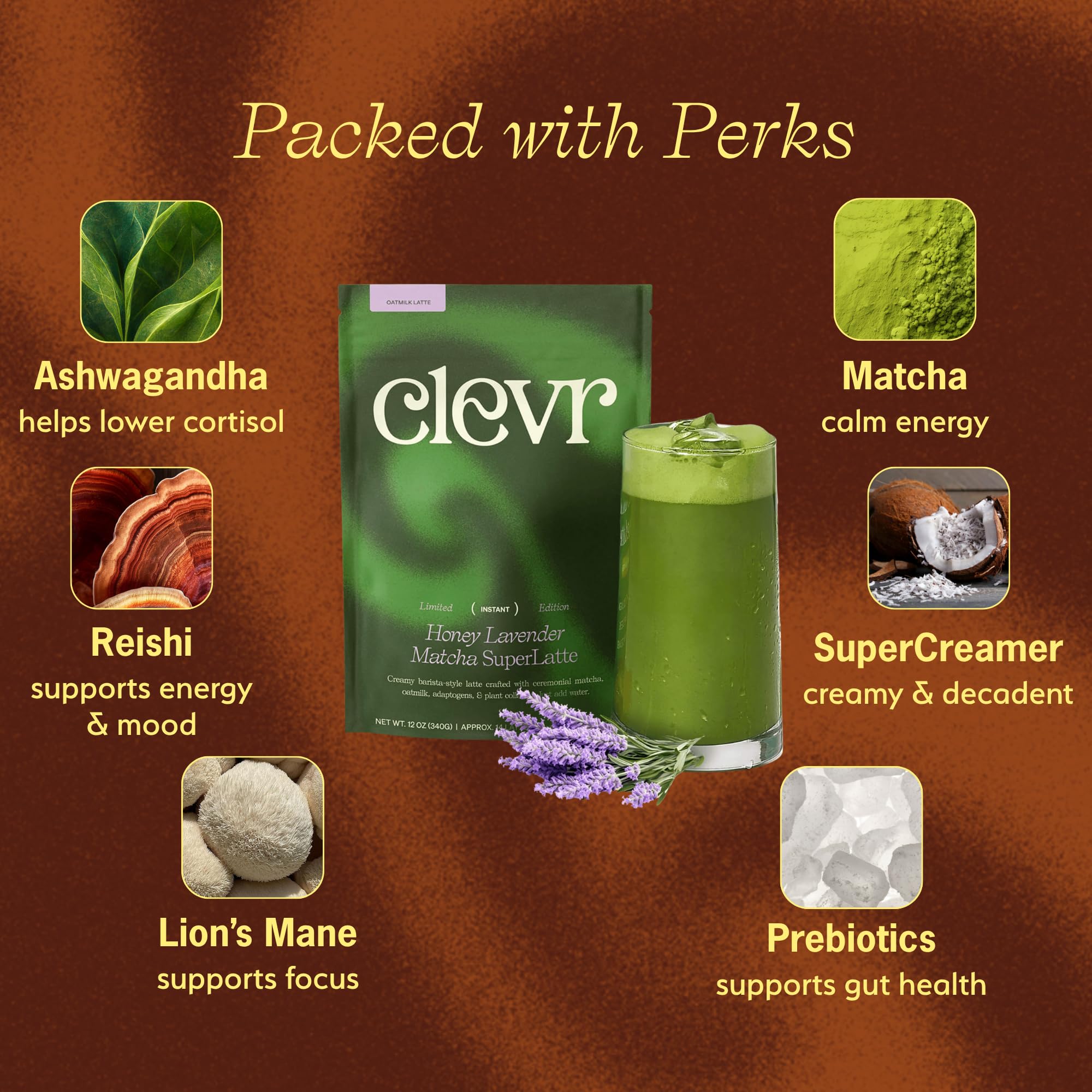 Clevr Organic Matcha Green Tea Latte, Instant Ceremonial Grade, Superfood Powder Blend with Oat Milk, Lions Mane, Reishi Mushroom, Coconut Cream, Ashwagandha, Serve Hot or Iced, (14 Lattes)